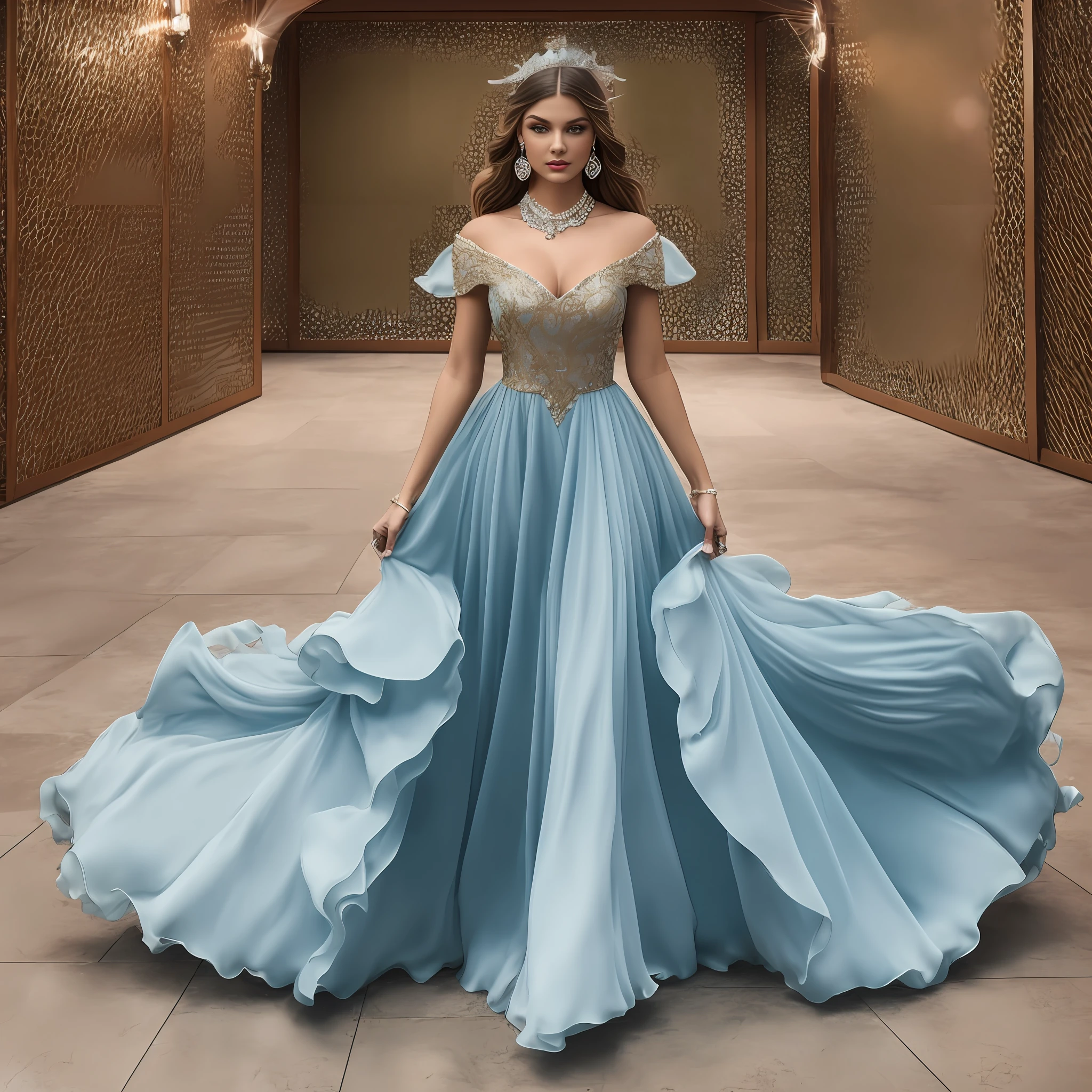 uma mulher 35  idade 35, Gala social costume gorgeous classic dress, olhos bem detalhados, foto realista 8k, she's on the runway, she's a beautiful famous model., glamour, ambiente refinado,