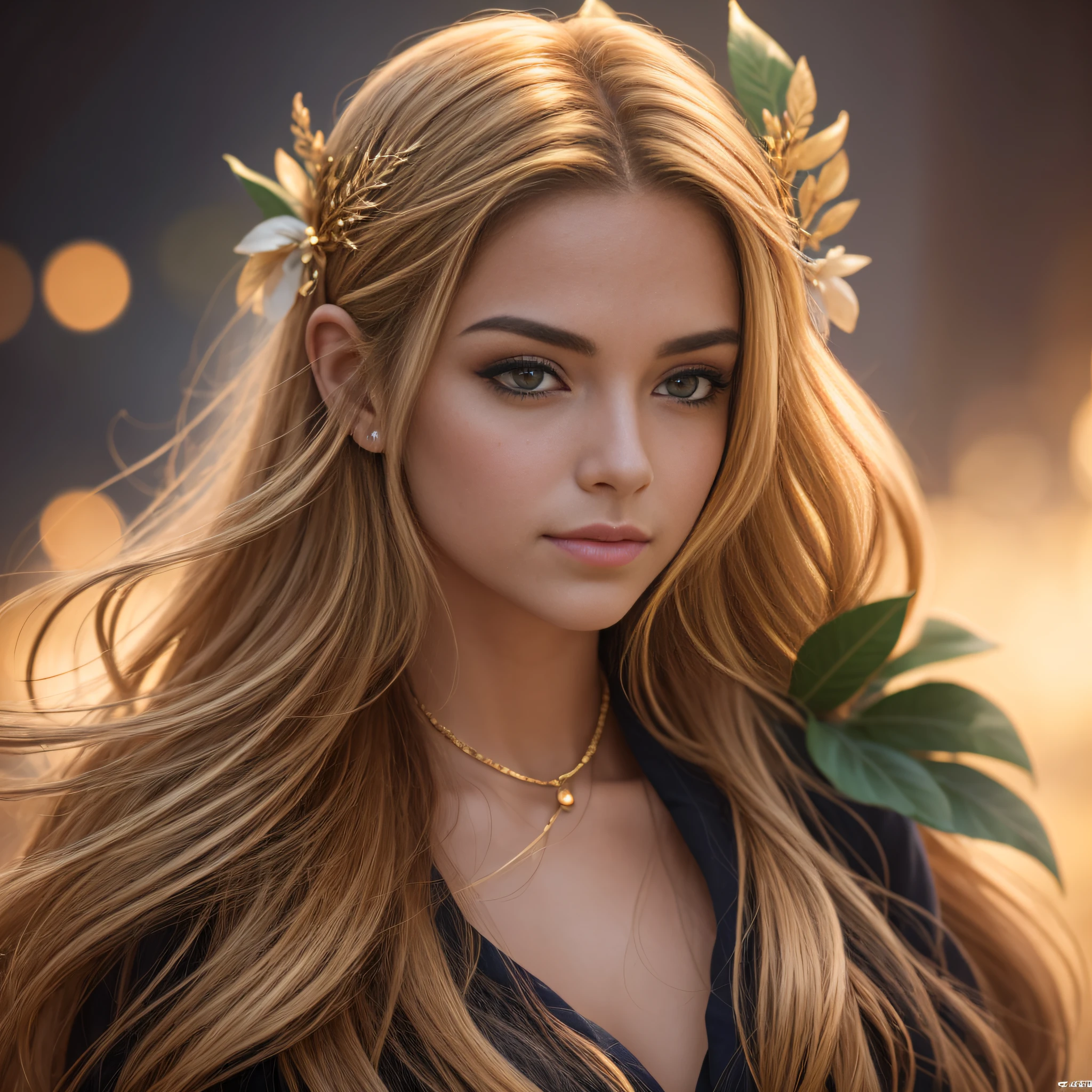 1 mulher, melhor qualidade, extremely high-resolution, Ultra realista, [portanto|Fractius|verde], roupa de estudante de escola de magia, Golden hair accessory, colar, joias, beautiful face, whole body view, Realistic, em uma montanha, Two-tone lighting, (pele de alto detalhe: 1.2), 8k, luz suave, alta qualidade, volumetric light, candid, fotografia, extremely high-resolution.