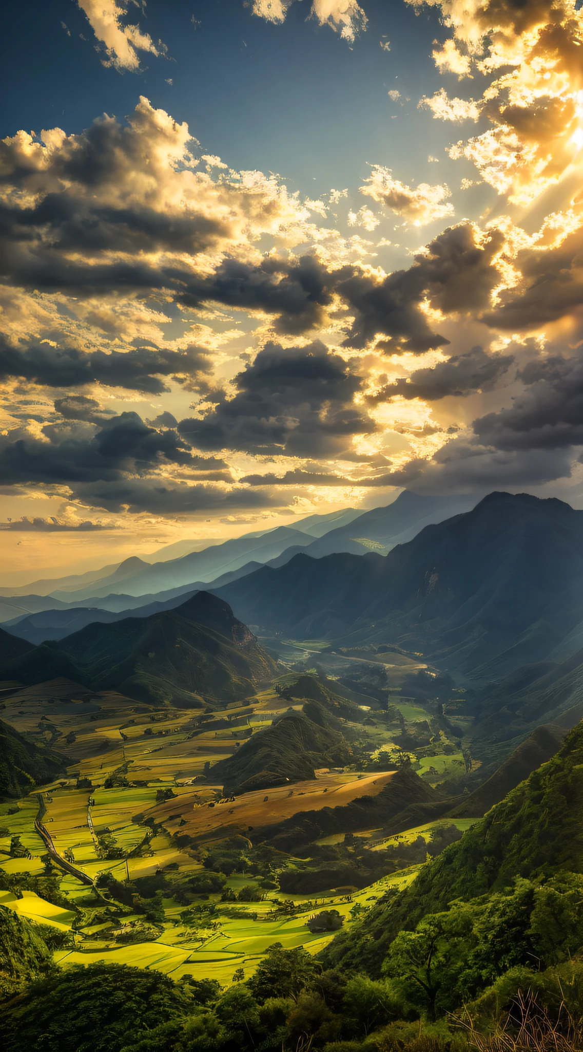 arafed view of a valley with a valley in the distance, sunset in a valley, dramatic sky and landscape, sunshine lighting high mountains, lovely valley, dramatic morning light, epic beautiful landscape, countryside in japan, dramatic light hdr, dramatic golden light, breathtaking landscape, overlooking a valley, sunset light, an amazing landscape image, sunrise light, dramatic scenery