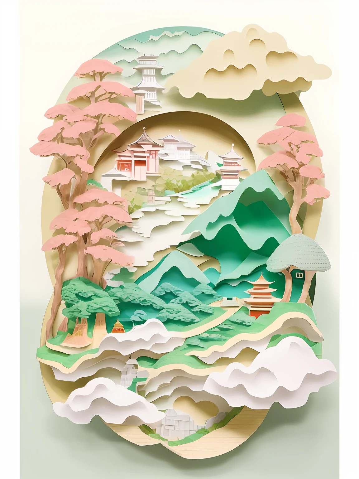 A picture of a landscape paper cut with a pagoda, layered paper art, pop japonisme 3 d ultra detailed, paper art, artwork in style of sheng lam, arte em papel cortado, A beautiful artwork illustration, paper modeling art, layered paper style, intricate 3 d illustration, Romantic tones，Rich in layers，（Perfect detail 1.5），Clouds，fenghuang，pines，The landscape is colorful