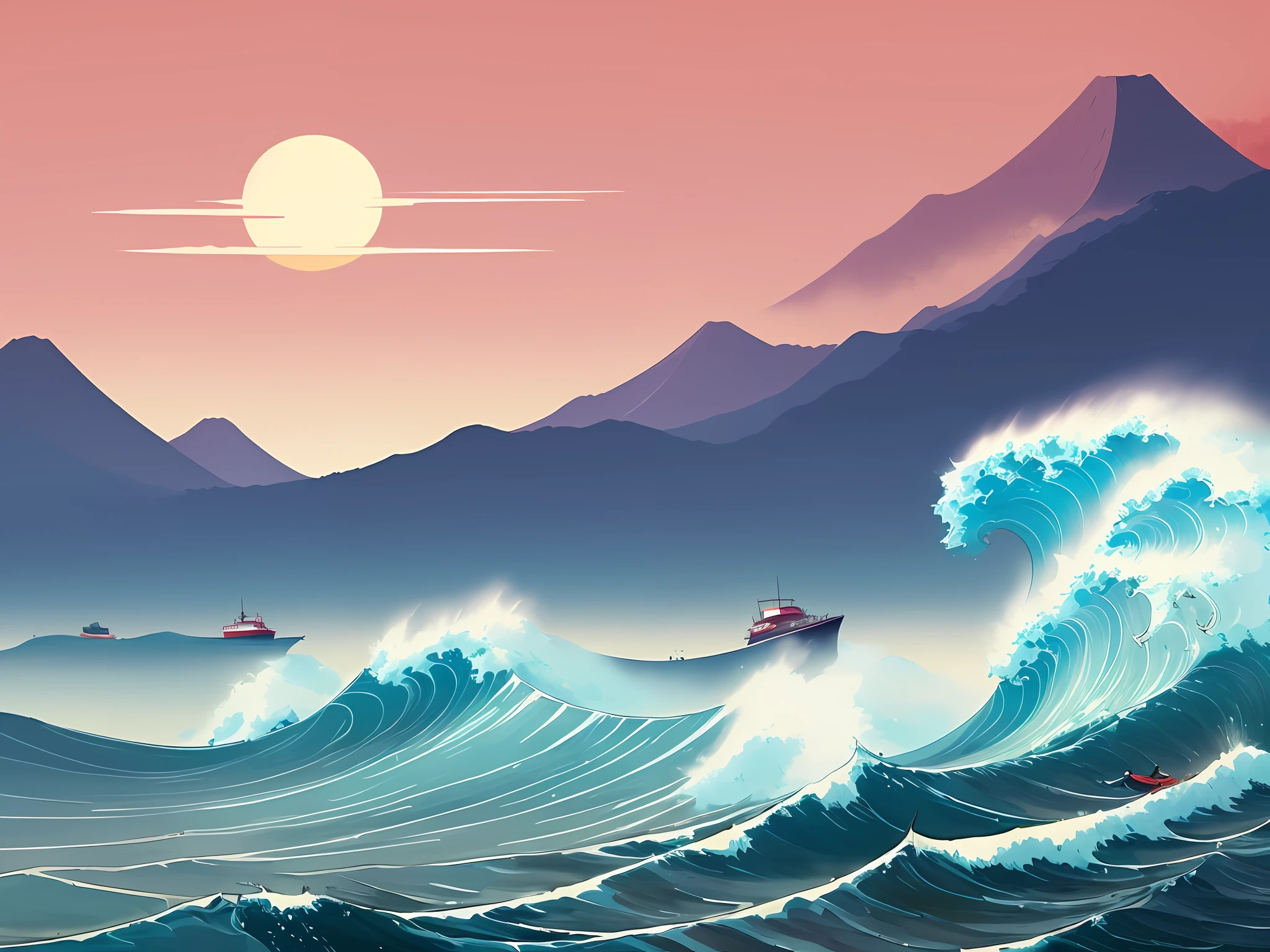 sea monster，swell sea，hurricane，sea surface，small boats