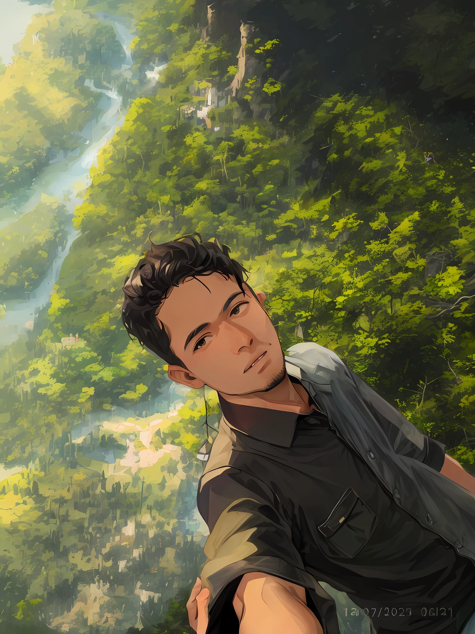 there is a man taking a selfie with his cell phone, selfie photo, amidst nature, selfie!!!!! of a man, jayison devadas, in front of a forest background, selfie!!!!!, selfie, near a lake, 4 0 years old man, selfie of a man, vinayak, ayan nag, with village, around 1 9 years old, 8k selfie photograph