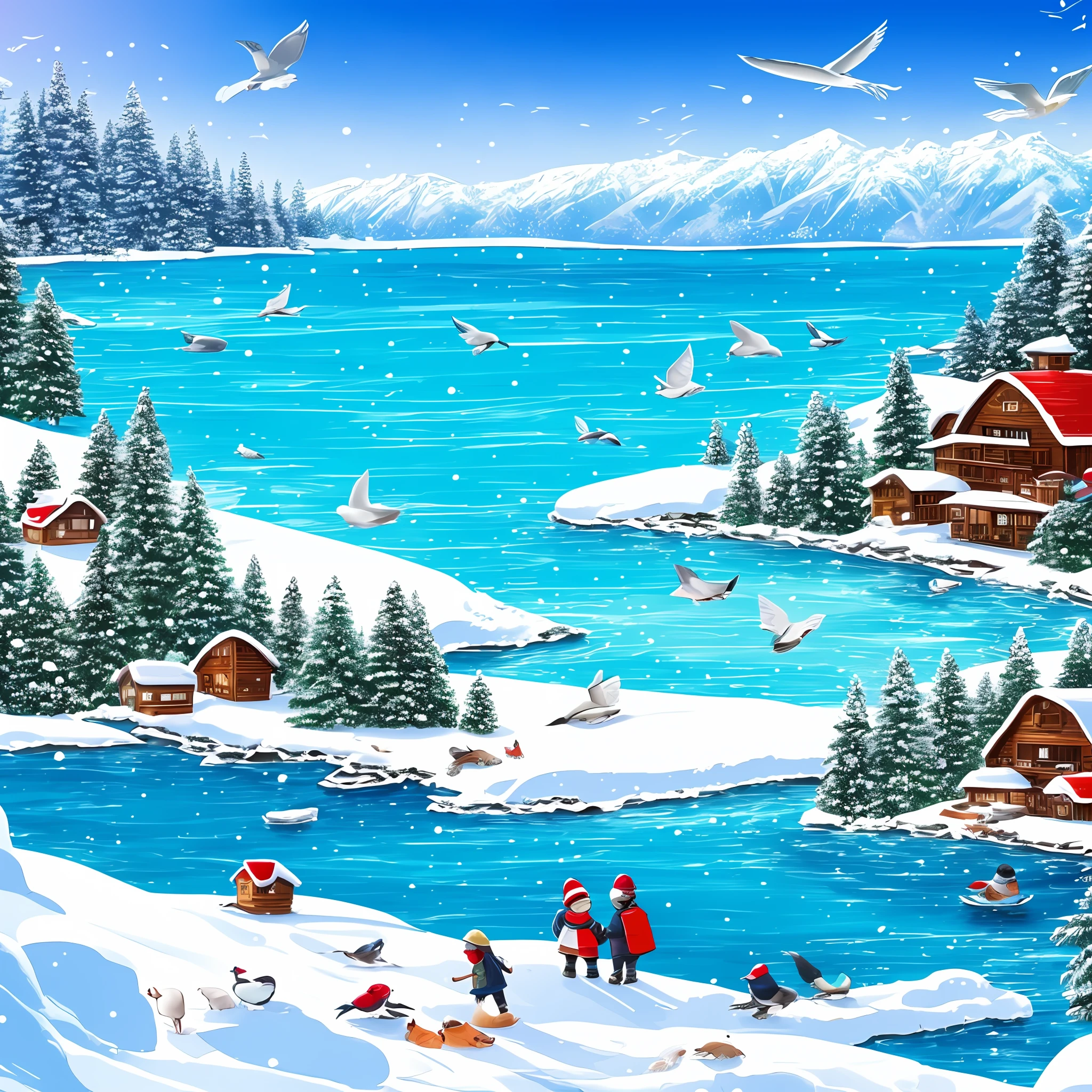 Best quality, detailed backgrounds, girls, sea, cafeteria, birds, snow, winter, --auto