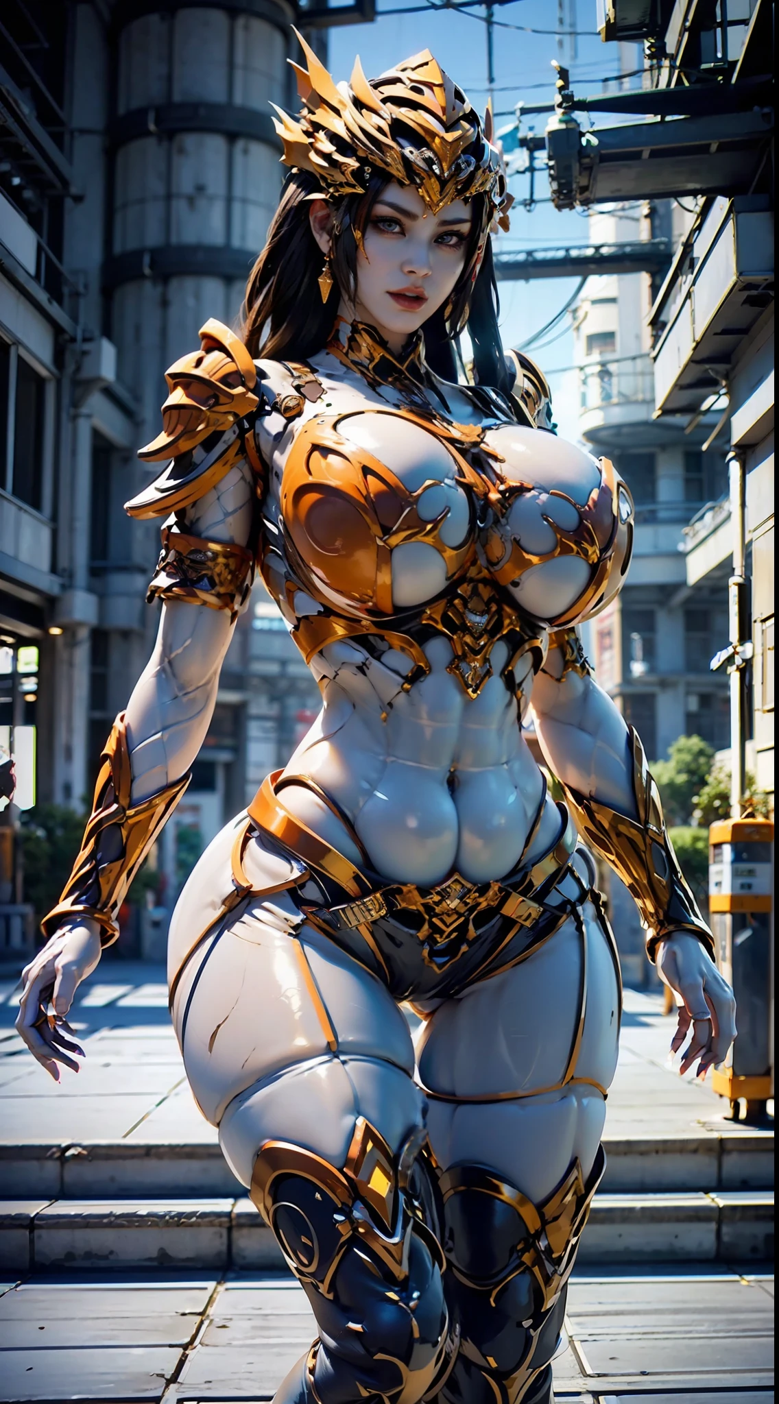 ((Unreal Engine 5)), Realistic Rendering, Excellent, Full armor, knight Cloak, helm, (Yoga hotpants), looking on camera, sexy posing walking down on street, beautiful face, makeup, CGImix, (photorealism:1.2), ultrarealistic uhd face, (huge fake boobs:1.4), (gigantic breasts:1.1), (muscle abs), (big butt), (wide hips), (thick thighs), slim waist, hourglass figure, half body, ((glowing skin)), ((shiny skin)), Realistic body, ((she is sexy body)), ((clean skin)), photorealistic, bokeh, motion blur, masterpiece, highres, 1080P, super detail, textured skin