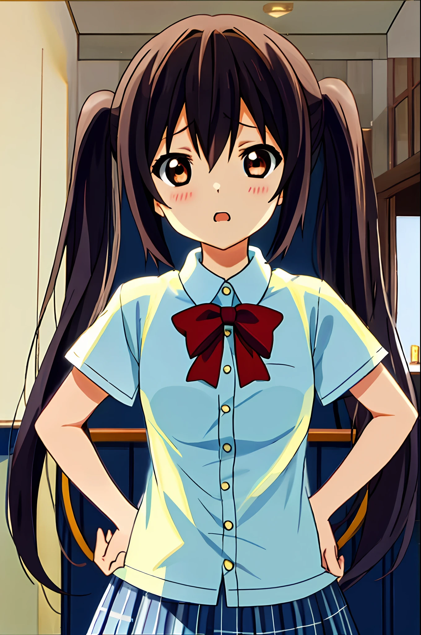 1girl, (((masterpiece))), top-quality, top-quality, High Details, nakano azusa, 1girl, Sakuragaoka High School Uniform, student clothes, Twin-tailed, length hair, A dark-haired, brown-eyed, 独奏, reddish, Dark blue blazer with thin red ribbon, Solid white buttoned shirt under blazer, illustratio, comic strip, soothing tones, Subdued Color, Soft cinematic light, adobe lightroom, photolab, HDR, intricately and hyper-detailed、(((depth of fields))))。(((masterpiece)))。(((top-quality))).)((ultra-detailliert)))。(((illustratio)))。((put hands on the hip)).((up chest)).((Medium chest)).a room.inside the house.Despair face.