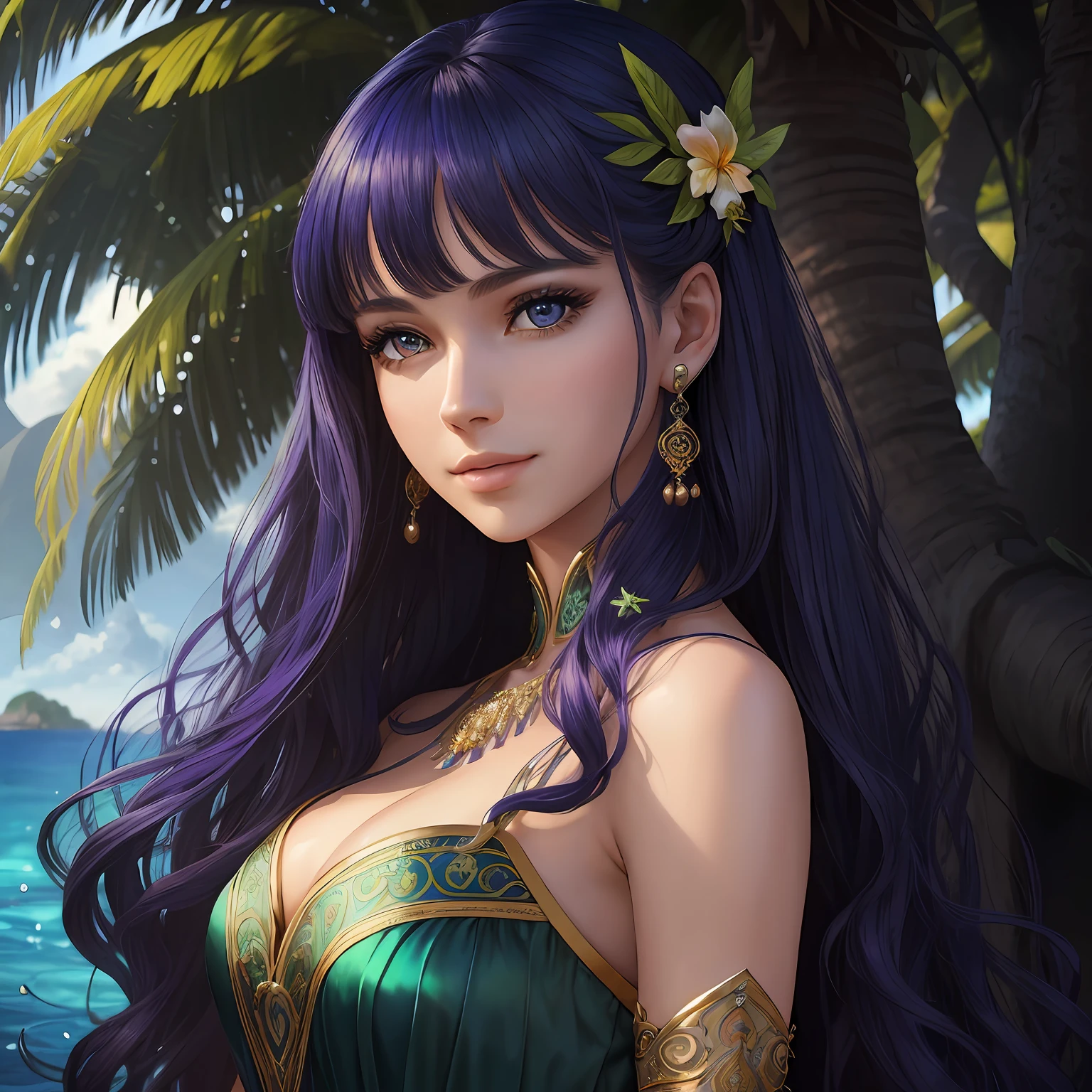 masterpiece, best quality, photorealistic, realistic skin/face, beautiful, highly detailed, intricate, beautiful young woman, (long royal-blue+ hair)+ bangs+, purple eyes, fancy green silk dress, attractive, small smile, fantasy, tropical island, syrenna