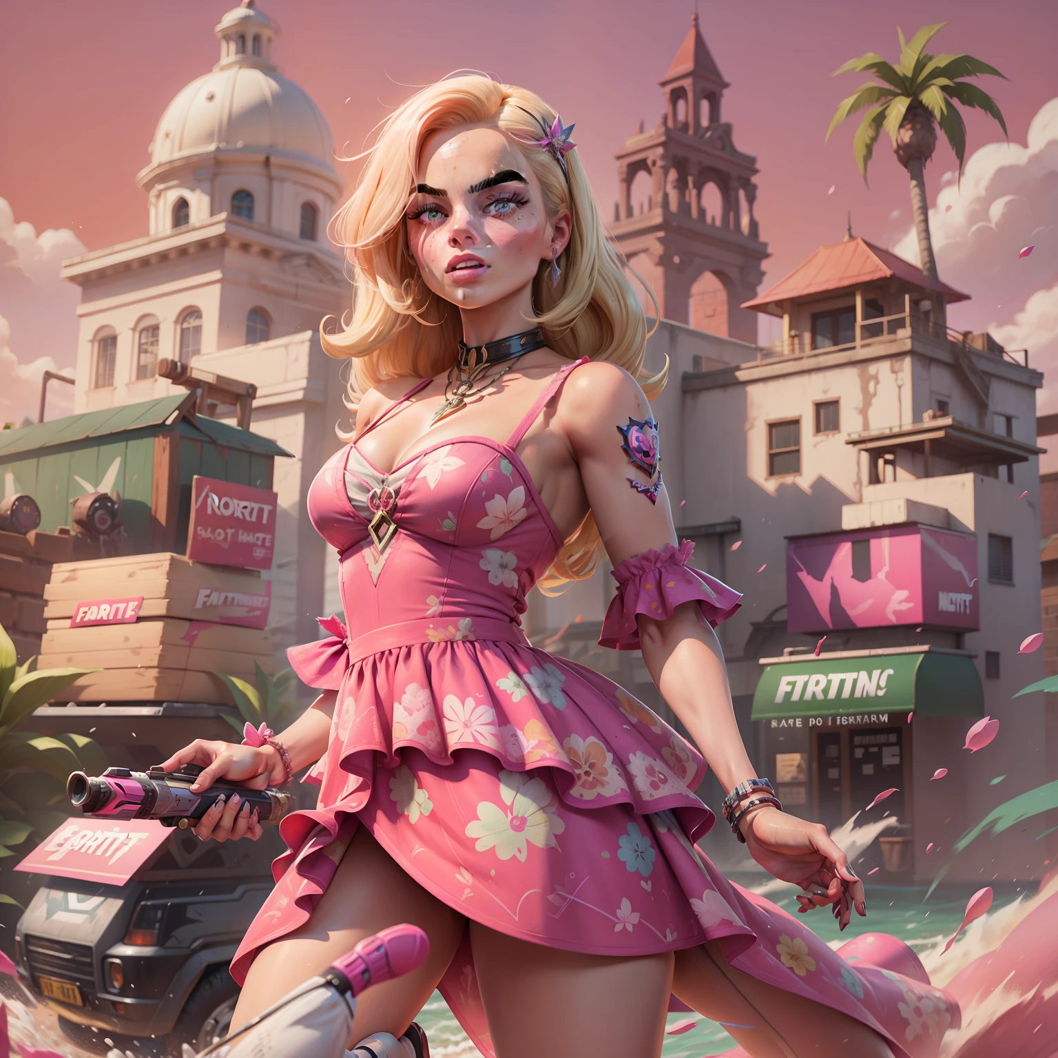 Margot Robbie as Barbie in the Fortnite Game Aesthetics, verstindo um vestido rosa com renda, sapatos de salto alto, segurando uma picareta rosa e uma pistola amarela, peitos pequenos, No hypersexualization, splash art oficial da barbie no fortnite, mapa do jogo fortnite como fundo.