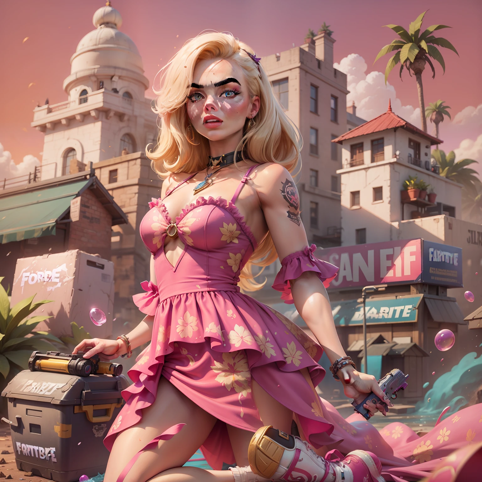 Margot Robbie as Barbie in the Fortnite Game Aesthetics, verstindo um vestido rosa com renda, sapatos de salto alto, segurando uma picareta rosa e uma pistola amarela, peitos pequenos, No hypersexualization, splash art oficial da barbie no fortnite, mapa do jogo fortnite como fundo.