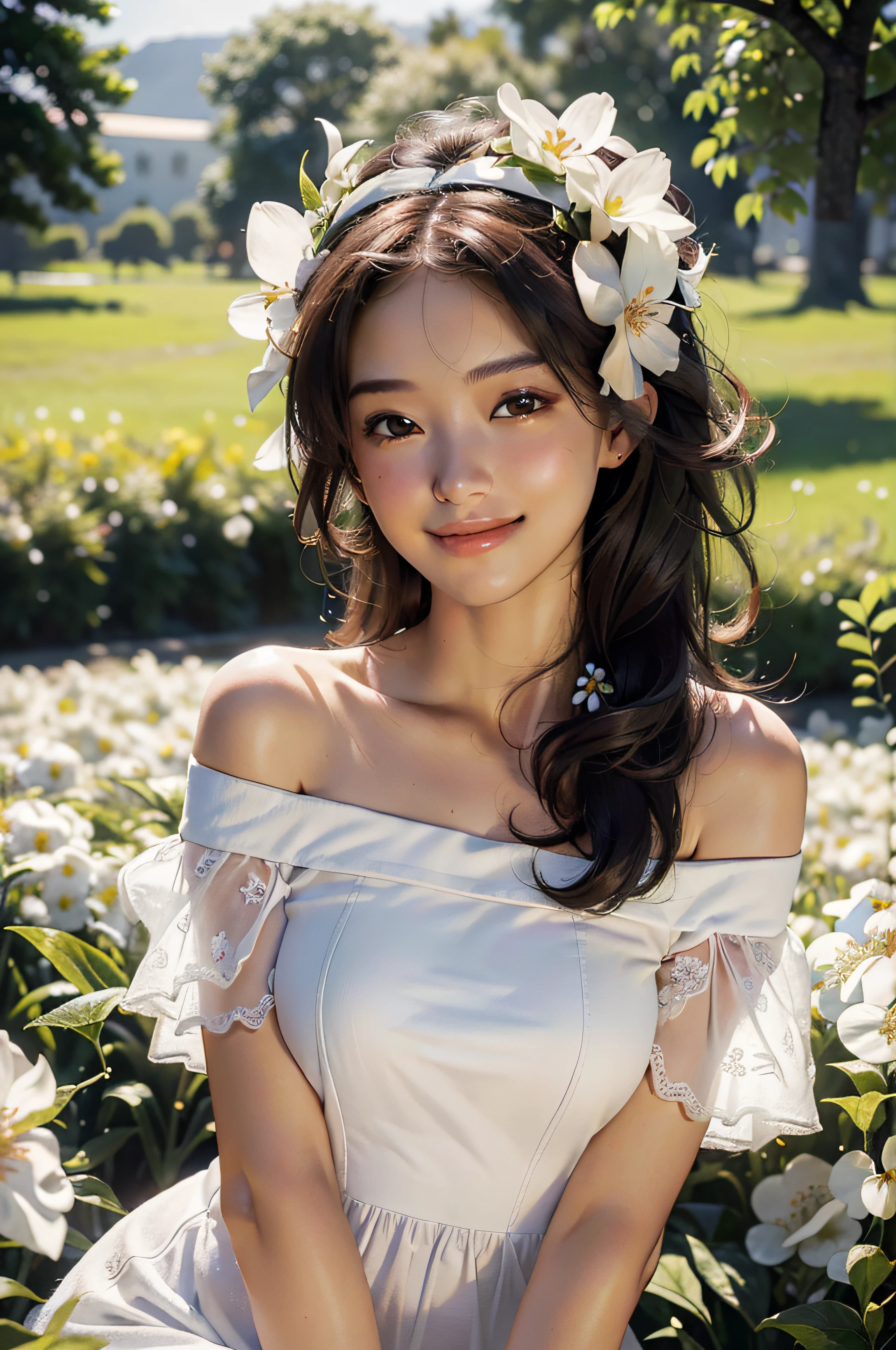 Best quality, masterpiece, ultra high res, (photorealistic:1.4), raw photo, 1girl, white dress, off shoulder, blossom flower field, glowing skin, light smile
