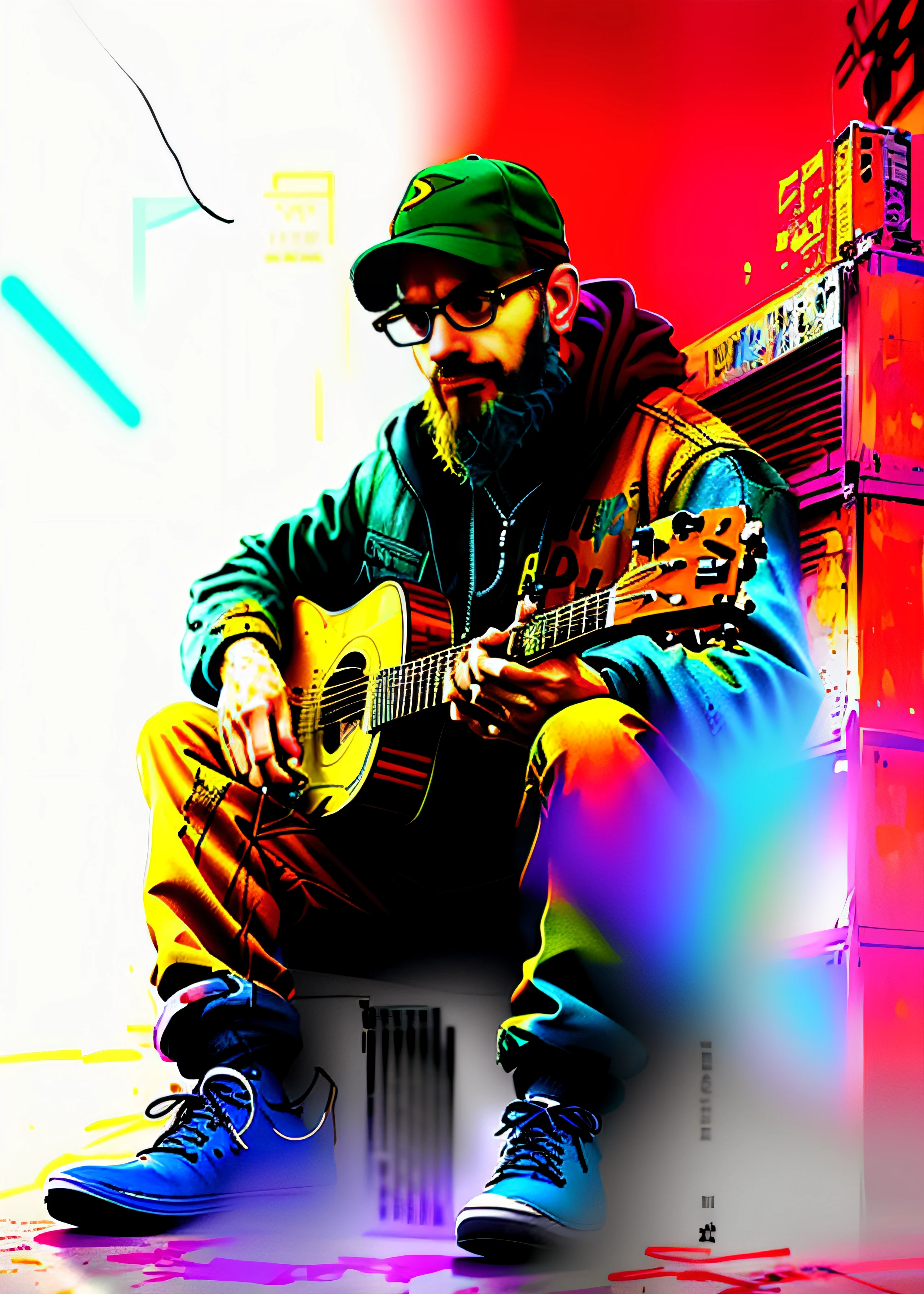 Pintura de un hombre sentado en una pila de cajas tocando una guitarra, Viejo ciberpunk, Cyberpunk sin hogar, Retrato de alta calidad, Awesome Digital Illustration, James Gurney estilo de pintura, amazing digital art, Hermosa obra de arte digital, Gran arte digital con detalles, inspirado por Sam Spratt, Ilustraciones de muy alta calidad, musician, epic portrait illustration, Inspirando el arte digital, Pintura digital de alta calidad