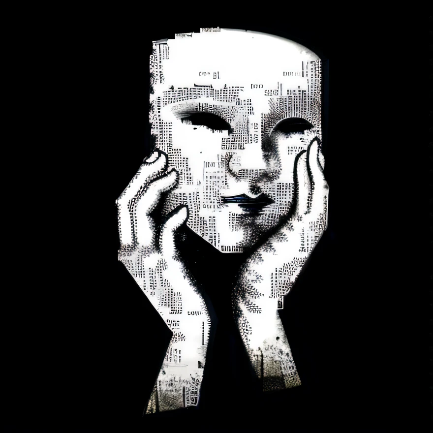 a black and white drawing of a person holding a mask, Broken mask, the mask is broken, theater mask, rosto mascarado, hand instead of a face, the mask covers her entire face, mask off, parcialmente mascarado, the masks come off at night, ( ( WMASK ) ), anonymous mask, ( ( Pontilhamento ) ), white man with black fabric mask