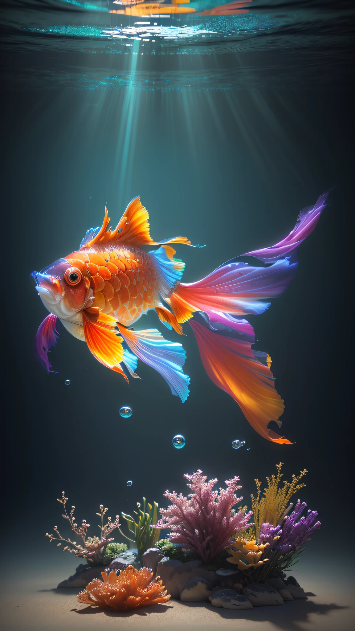 best qualtiy，tmasterpiece，A high resolution，3Drenderingof，C4D，rendering by octane,blindbox,Colorful，A goldfish，Brocade Lithium，Glossy，reflective light，flowy，Water refracts light，water wave，airbubble，Plants，Underwater world