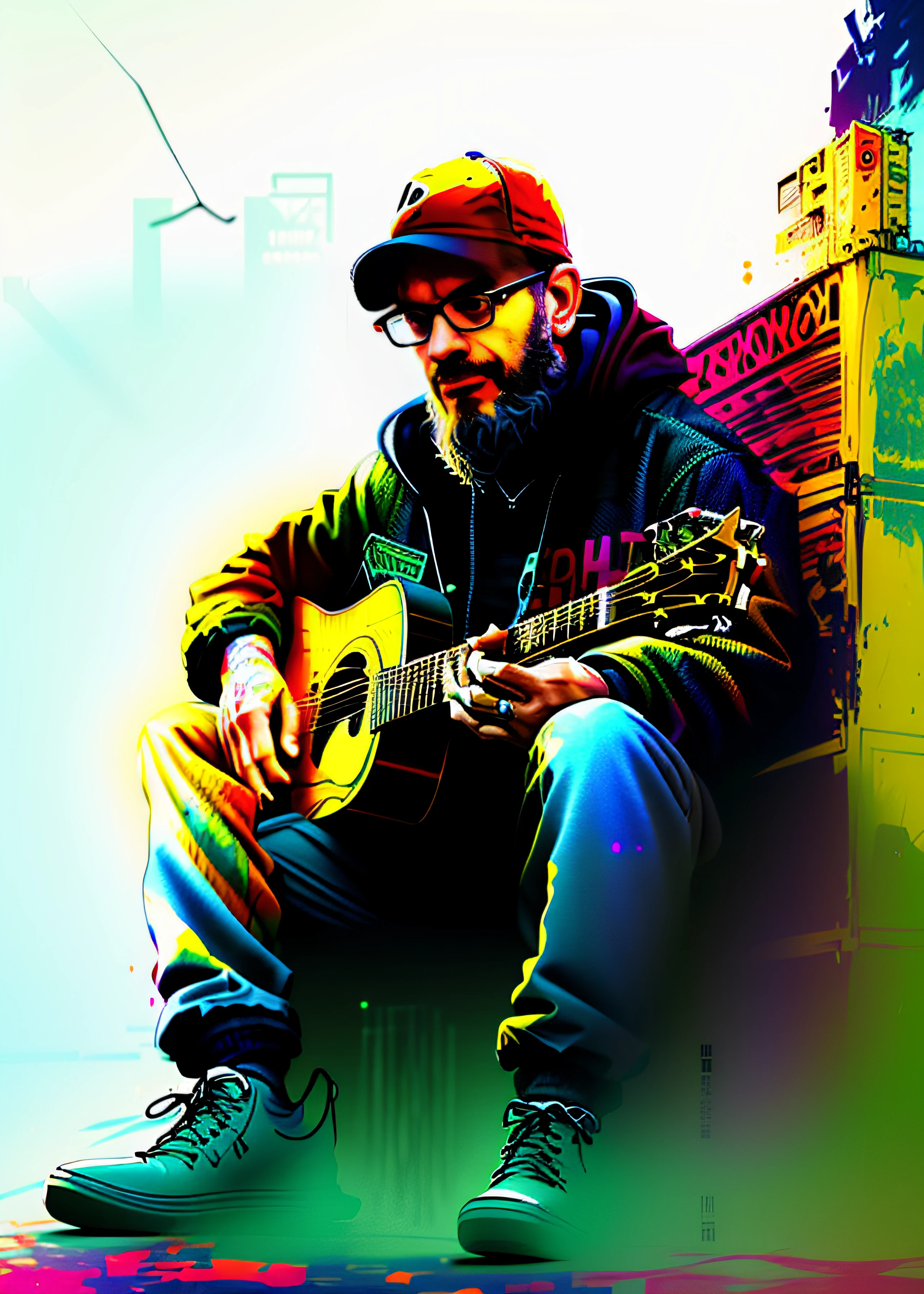 Pintura de un hombre sentado en una pila de cajas tocando una guitarra, Viejo ciberpunk, Cyberpunk sin hogar, Retrato de alta calidad, Awesome Digital Illustration, James Gurney estilo de pintura, amazing digital art, Hermosa obra de arte digital, Gran arte digital con detalles, inspirado por Sam Spratt, Ilustraciones de muy alta calidad, musician, epic portrait illustration, Inspirando el arte digital, Pintura digital de alta calidad