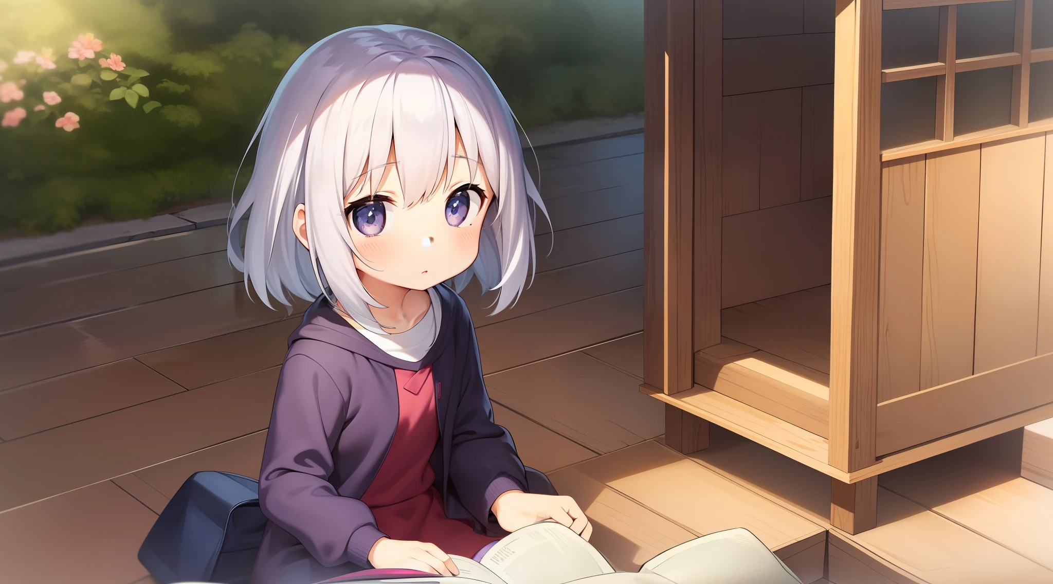 Anime girl sitting on floor reading a book, anime visual of a cute girl, anime moe art style, senko-san, up of young anime girl, shikamimi, Cute anime girl, hajime yatate, offcial art, Girl with white hair, Splash art anime Loli, Smooth anime CG art, nagito komaeda, small loli girl