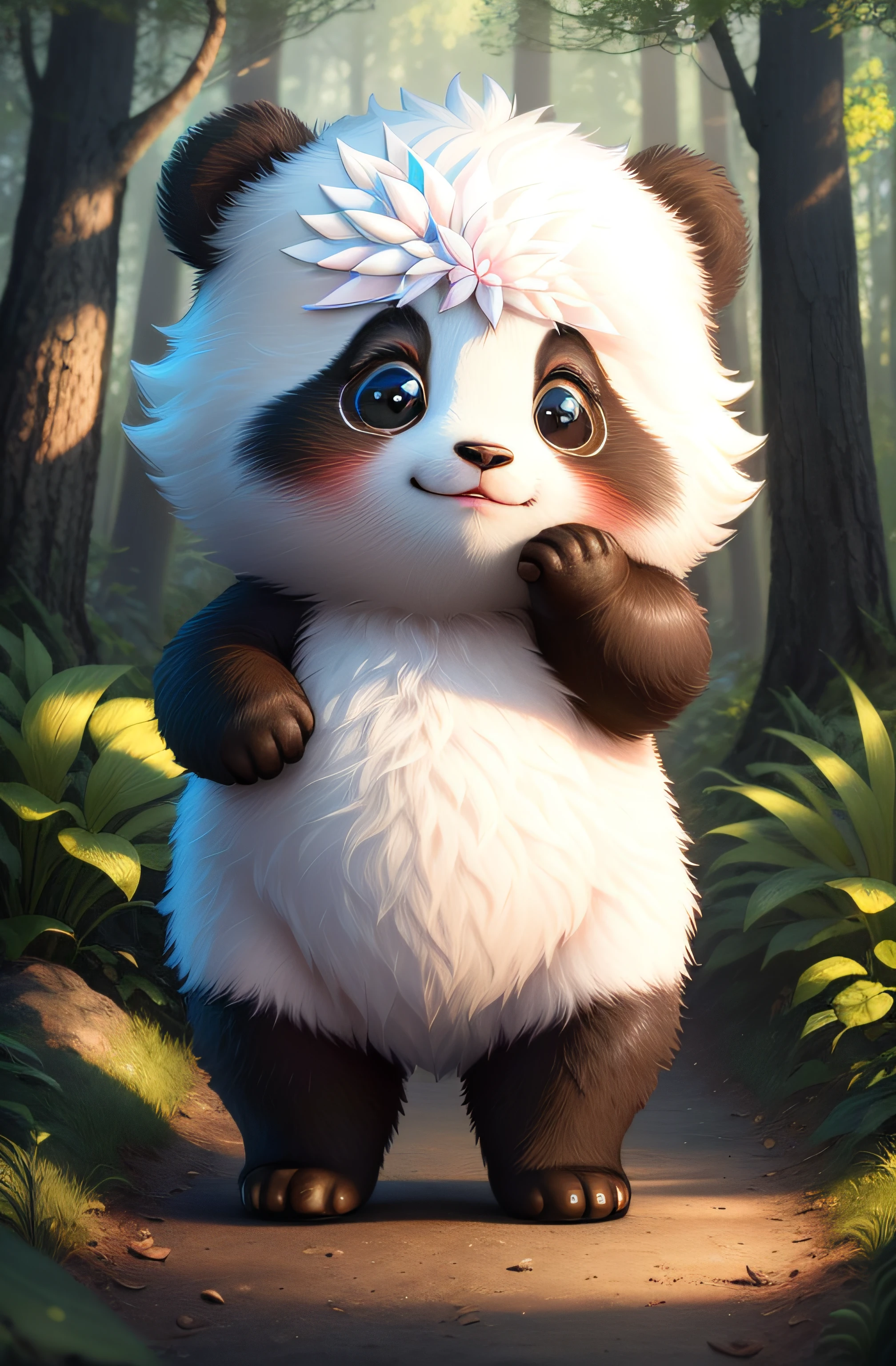(masterpiece), (best quality), (ultra-detailed), (full body:1.2), Super cute, Panda, Pixar character, Big bright eyes, Fluffy, Smile, Delicate and fine, Fairy tales, Incredibly high detailed, Pixar style, Bright color palette, Natural light, Simple background with forest view, Octane render, Trending on Artstation, Gorgeous, Ultra wide angle, 8k, HD, Realistic,