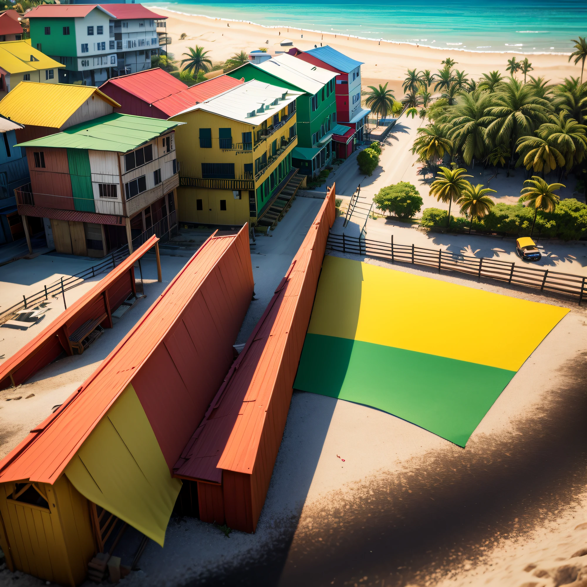 Kingston Town, cabin, ((Jamaica)), beach, red-yellow-green flag, Jamaican flag, city, palm trees, summer, birds, colorful, music, masterpiece, (8k, RAW photo, best quality, ultra-high resolution, photorealistic, masterpiece, ultra-detailed, Unreal Engine)