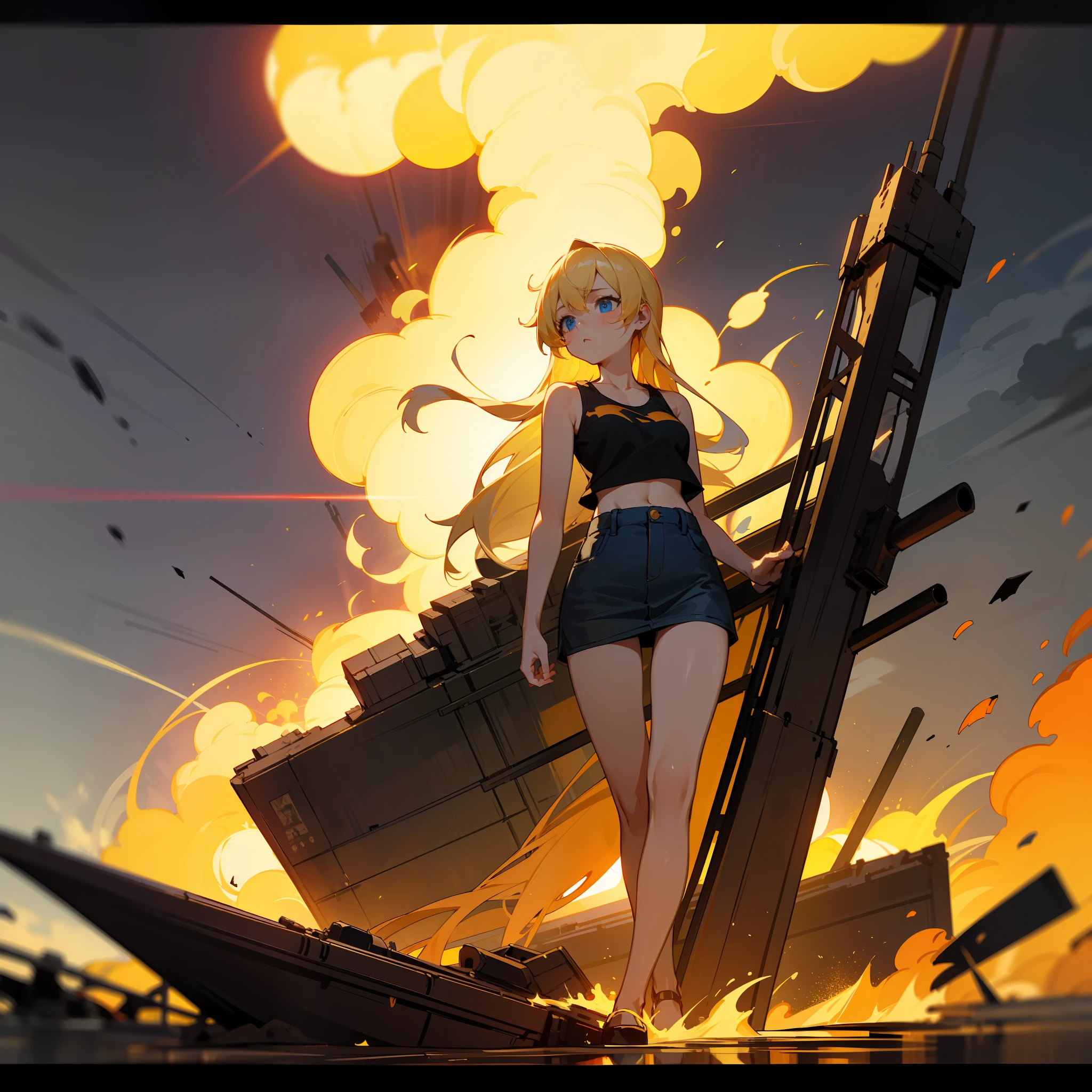 masterpiece, Top image quality, hight resolution, Beautiful blonde girl、1人、Whole human body、Blue eyes、deadpan、Black tank top、jean skirt、semi long hair、is standing、showing butt、Shot a bazooka、by night、Naval port blown up in flames、Building in flames、Ship blasted into flames