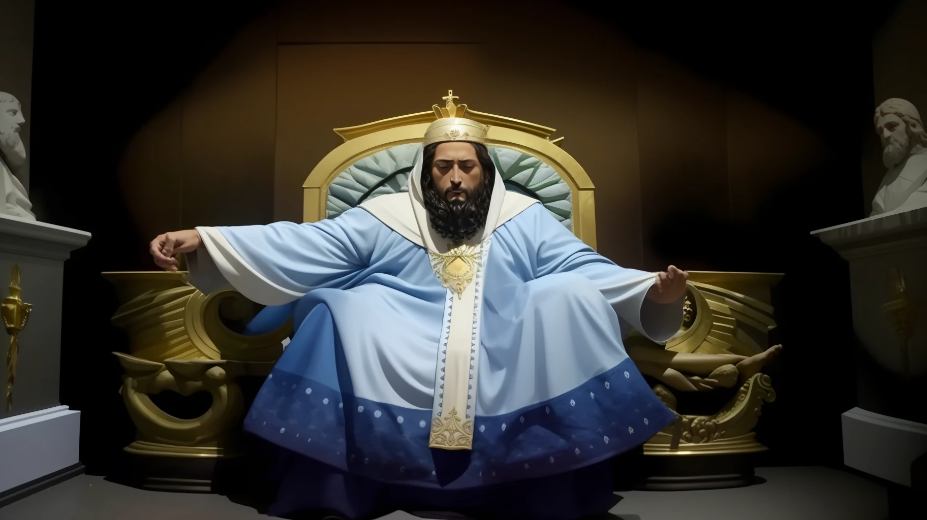 Image of a statue of Jesus sitting on a throne, O Deus Imperador da Humanidade, sentou-se em seu trono, deus imperador, sentado no trono de ouro, sentado em um trono de ouro, Reis antigos em vestes brancas, sentado em um trono dourado, Senhor do Inferno no Trono, sentado em um trono, Rei dos Reis, em uma sala do trono