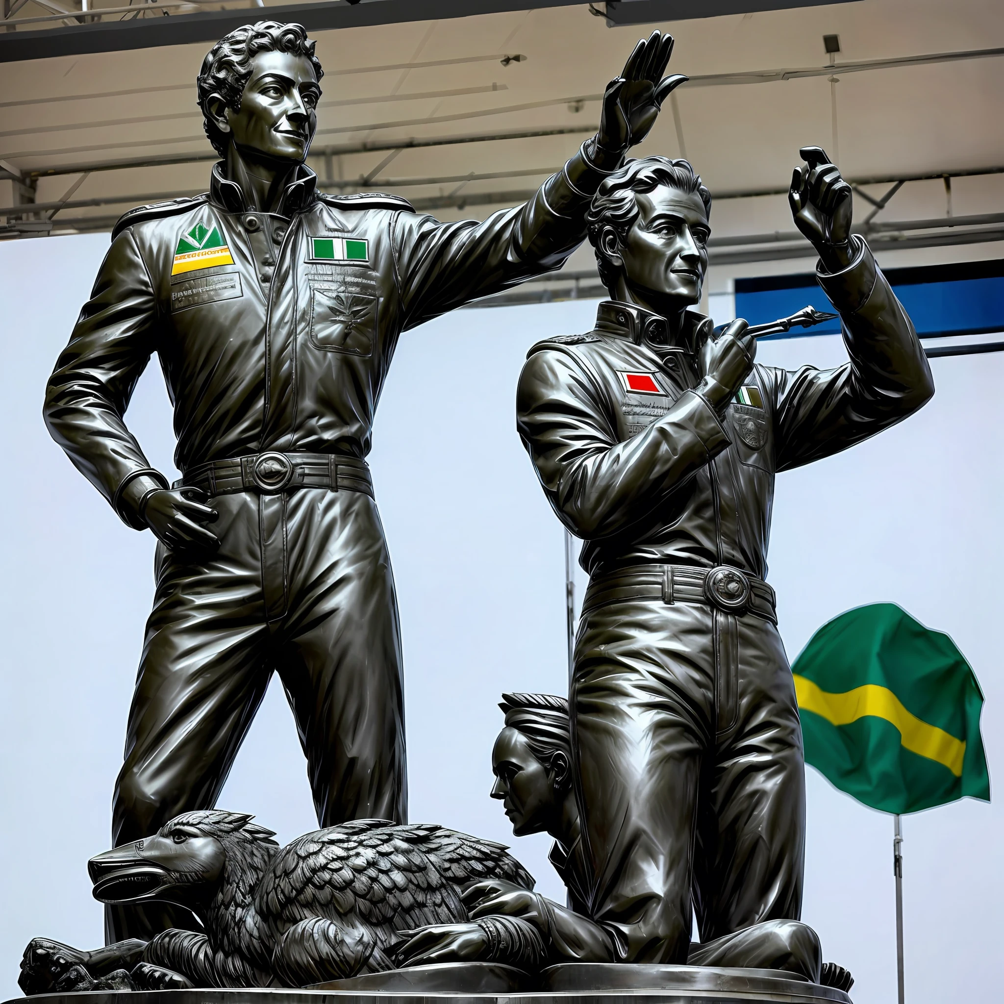 Estatua de bronze do piloto Ayrton senna erguendo a bandeira do Brasil. A estatua esta no meio de uma fonte.