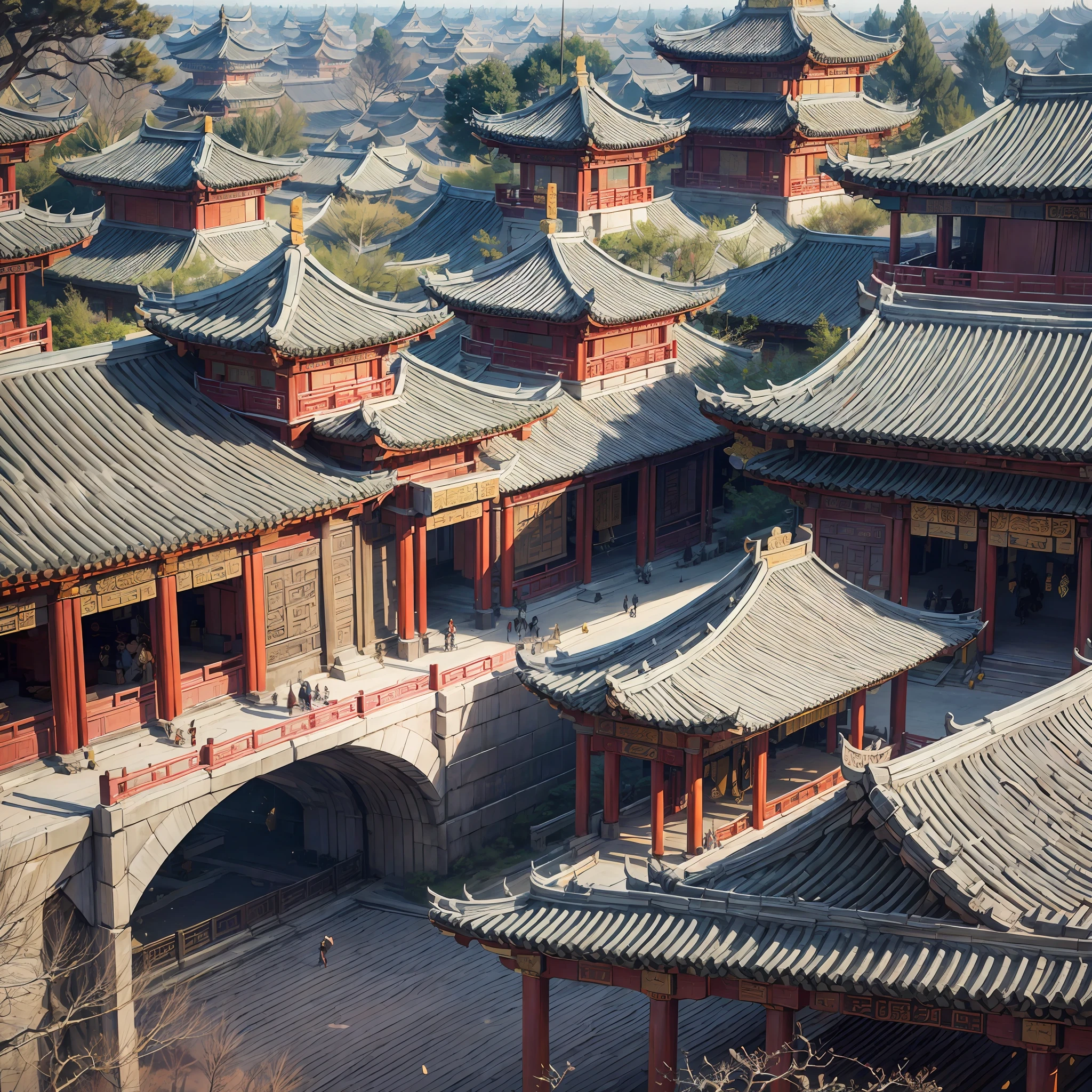Very grand scene,Amazing detail,Chinese Ancient Times,Chang'an,the Tang Dynasty,expansive view,Rows of ancient Chinese buildings,Wide streets on both sides。Fashion trends at art stations,Art style with reality and fantasy,Rich and detailed genre painting,Dark gold and black,chinapunk,Graphic design