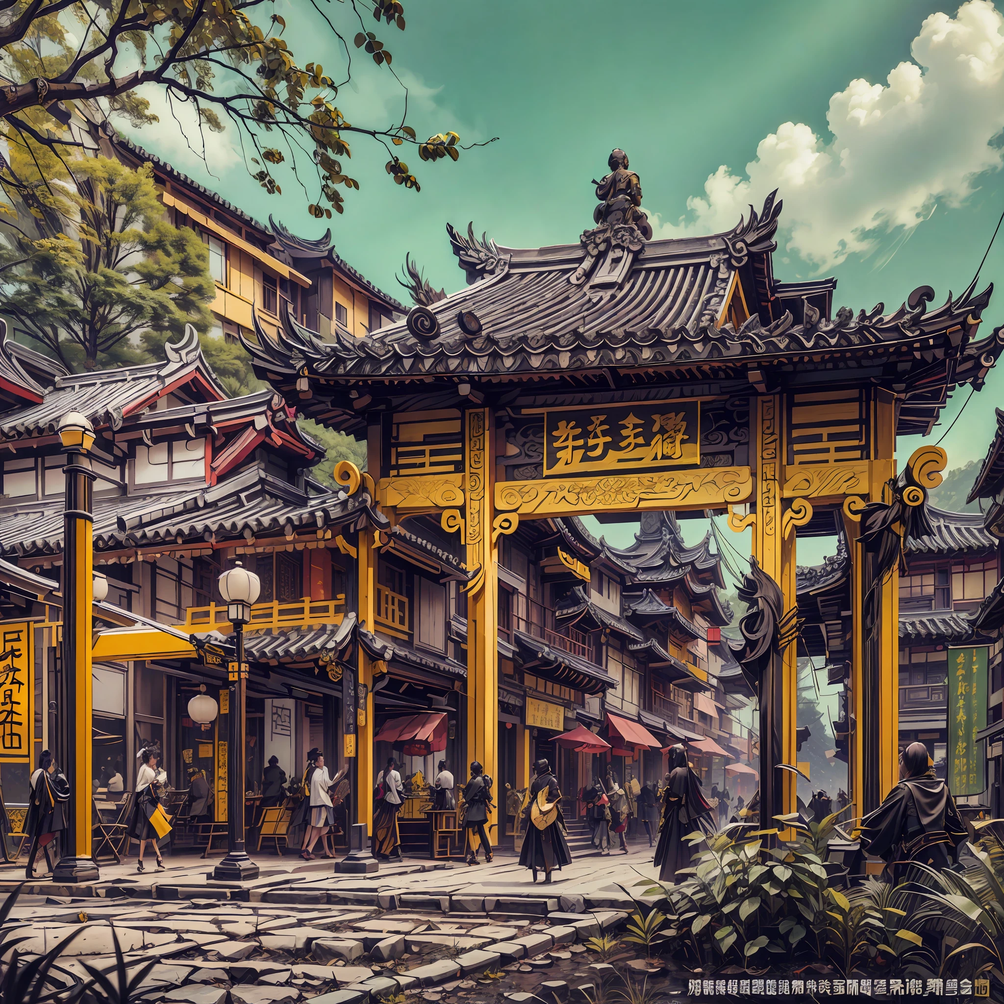 Very grand scene，Amazing detail，Chinese Ancient Times，Chang'an，the Tang Dynasty，expansive view，Rows of ancient Chinese buildings，Wide streets on both sides。Fashion trends at art stations，Art style with reality and fantasy，Rich and detailed genre painting，Dark gold and black，chinapunk，Graphic design