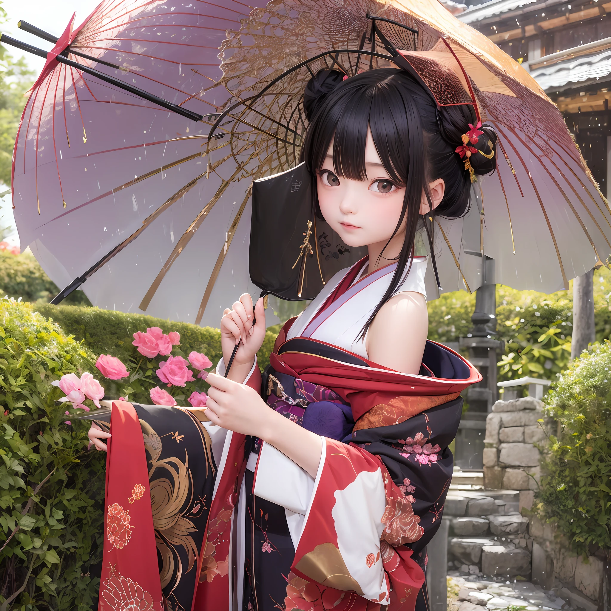 The upper part of the body、女の子1人、Bun hair、mansion、Purple Eye、Gorgeous red and gold kimono、off shoulders、Holding a parasol、Japan anime-style odd-eye, rain falling