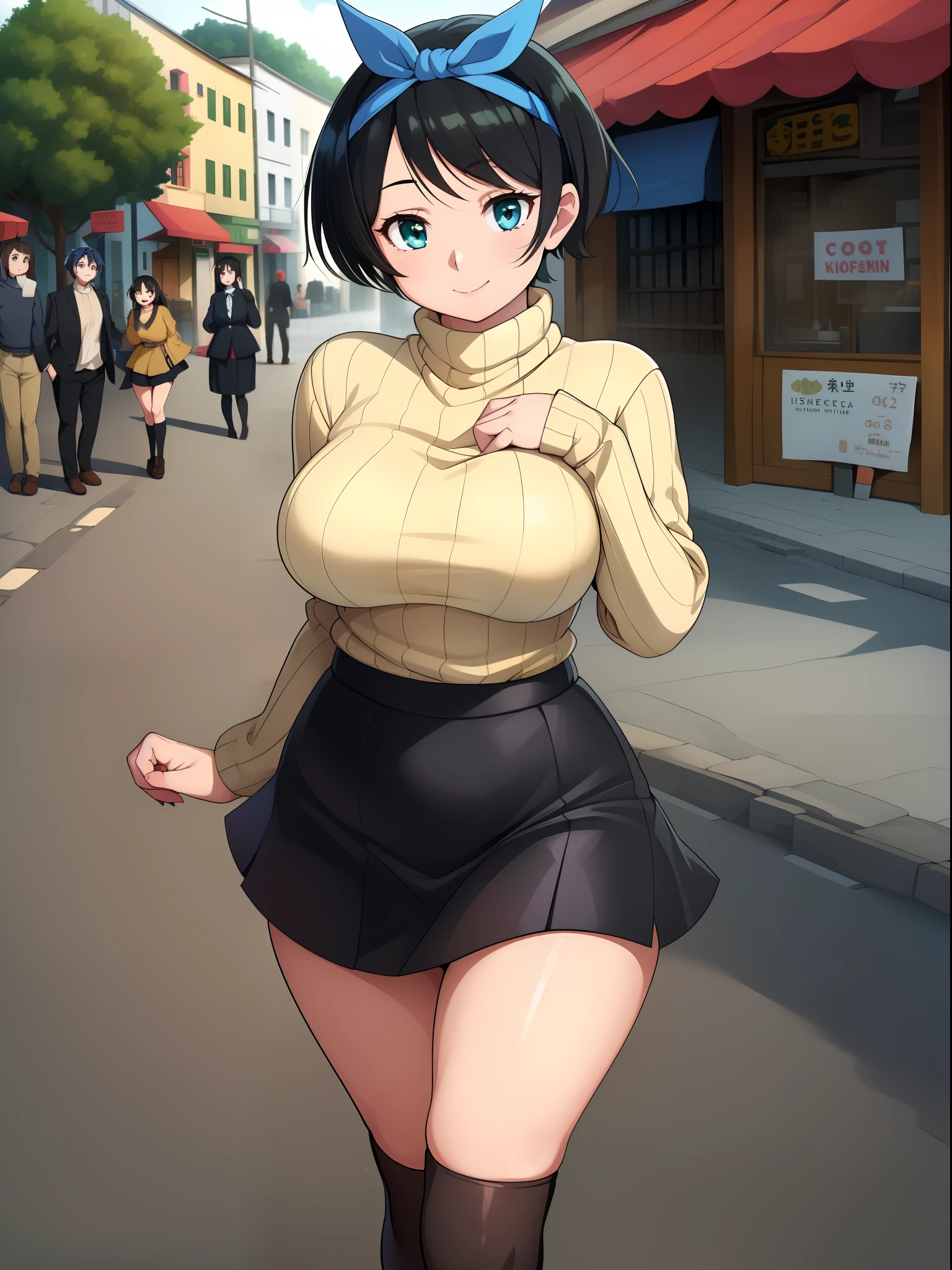 ((((kipteitei art)))), ((highres)),Masterpiece, high quality, best quality, beautiful, perfect lighting, detailed face, ultra cute face, ((1girl)), ((solo), ((((sarashina ruka)))), ((blue hairband)), ((tan turtle neck sweater)), ((black short skirt)), black socks, loafers, looking at viewer, cowboy shot, sweet smile, cute, happy, medium breasts, perky breasts, wide hips, thick thighs, thicc, town, street, outside noodle shop,