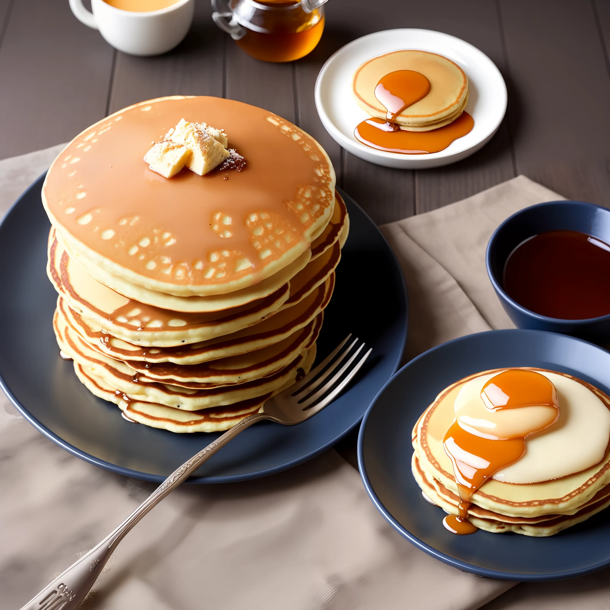 masterpiece, high quality, best quality, pancakes poured with maple syrup, (thin pancakes), foodphoto,