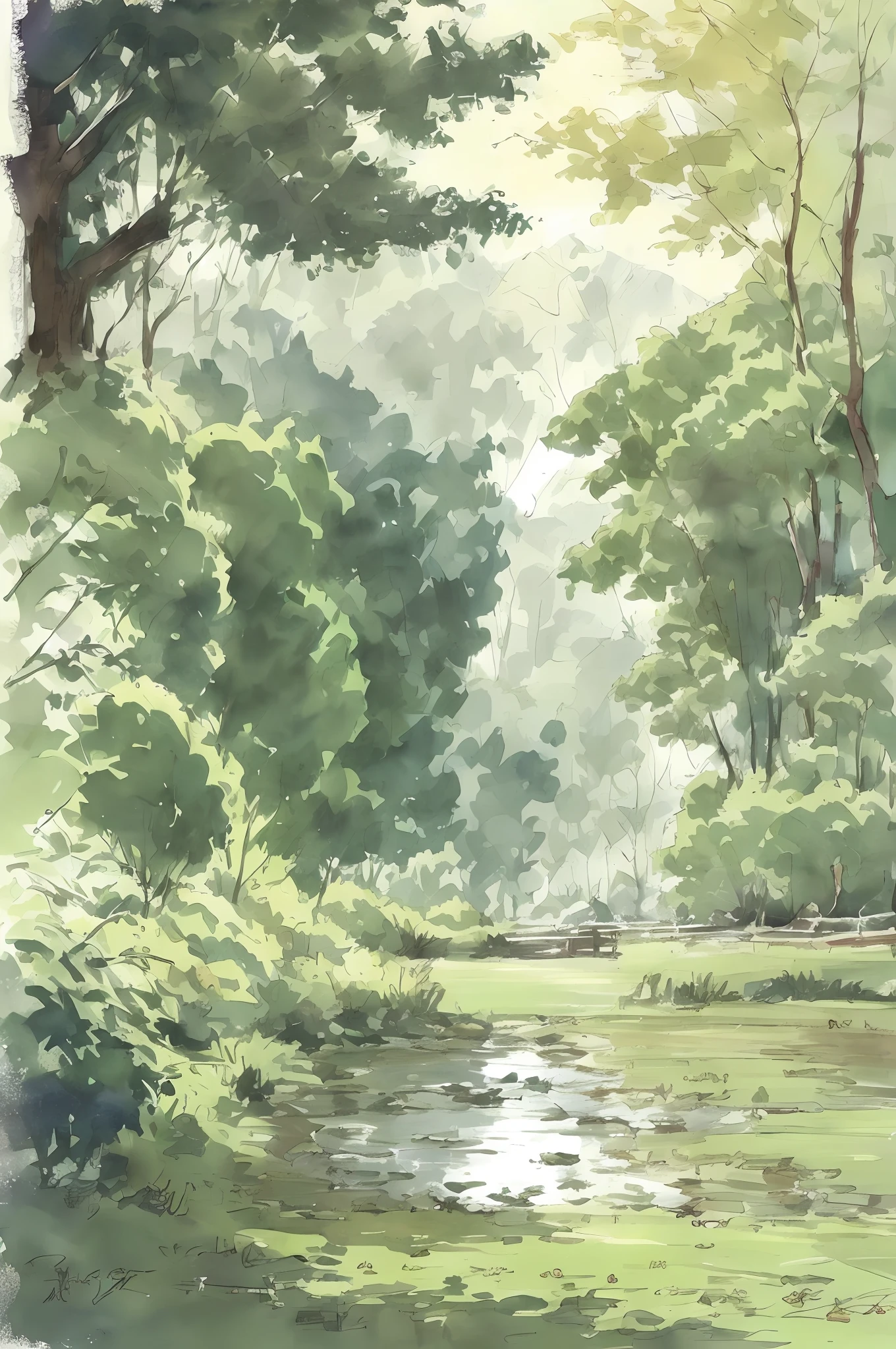 Watercolor painting, small path of Chinese rural houses, trees, bright sun, shade,