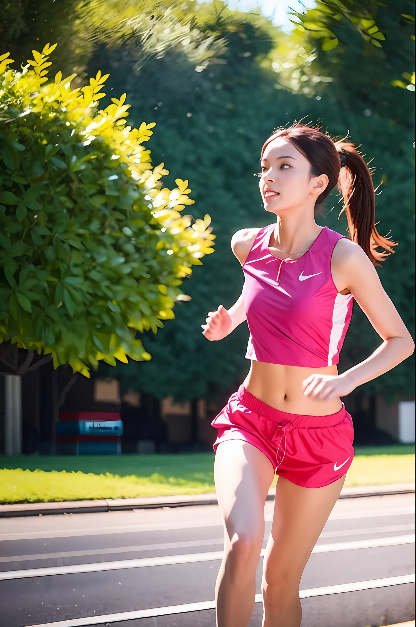 1 girl, solo, running, Gray Track Top, pink shorts, ponytail, athletic build, dynamic brushstrokes, fluid movement, capturing the essence of her athleticism and energy, using light colors and soft tones to create a dreamy and ethereal atmosphere, portraying the motion and grace of running, showing the wind blowing her ponytail and clothes, and the scenery of her surroundings.
outdoors, detailed background, Modern metropolis,