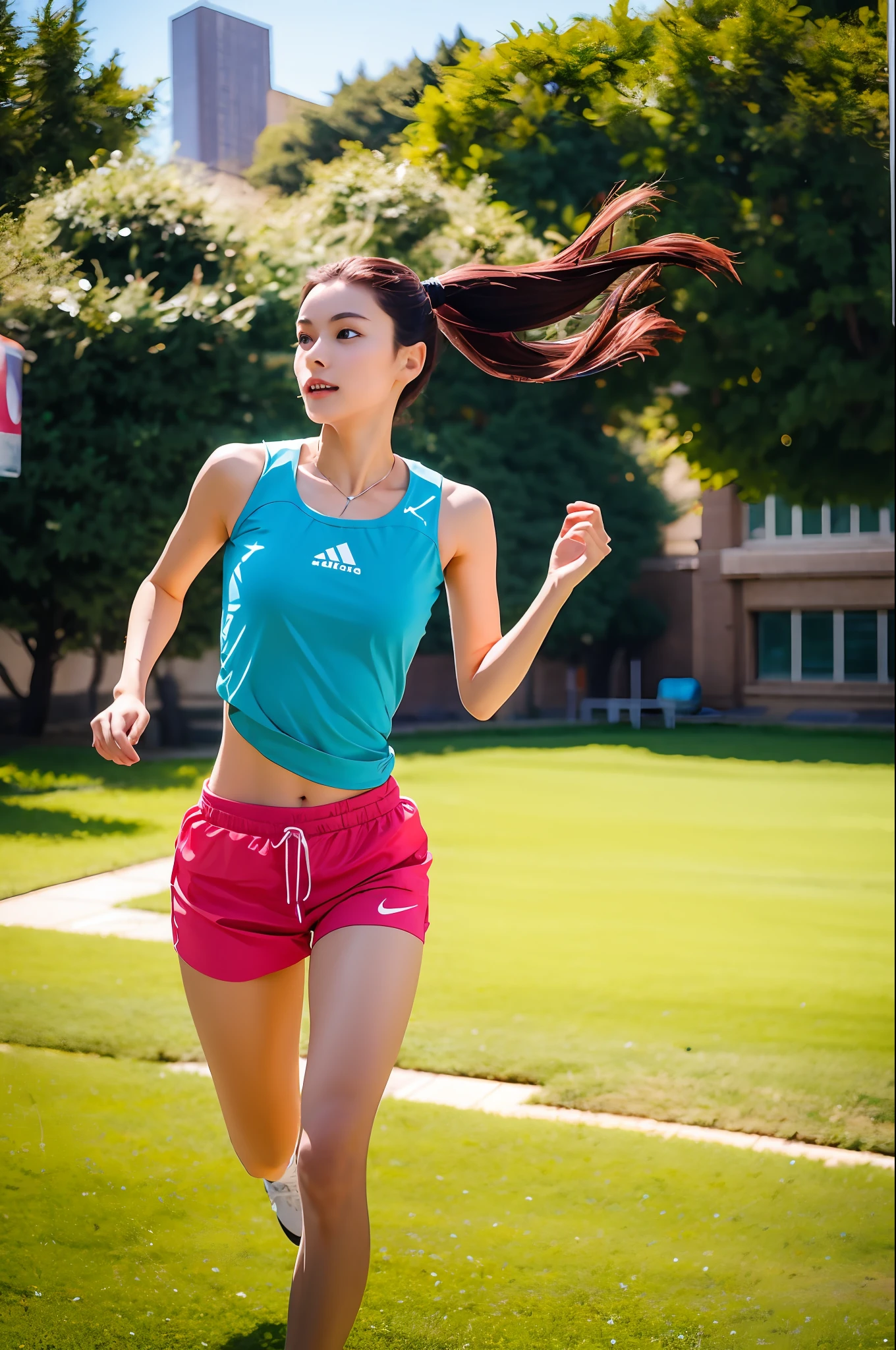 1 girl, solo, running, Gray Track Top, pink shorts, ponytail, athletic build, dynamic brushstrokes, fluid movement, capturing the essence of her athleticism and energy, using light colors and soft tones to create a dreamy and ethereal atmosphere, portraying the motion and grace of running, showing the wind blowing her ponytail and clothes, and the scenery of her surroundings.

outdoors, detailed background, Modern metropolis,