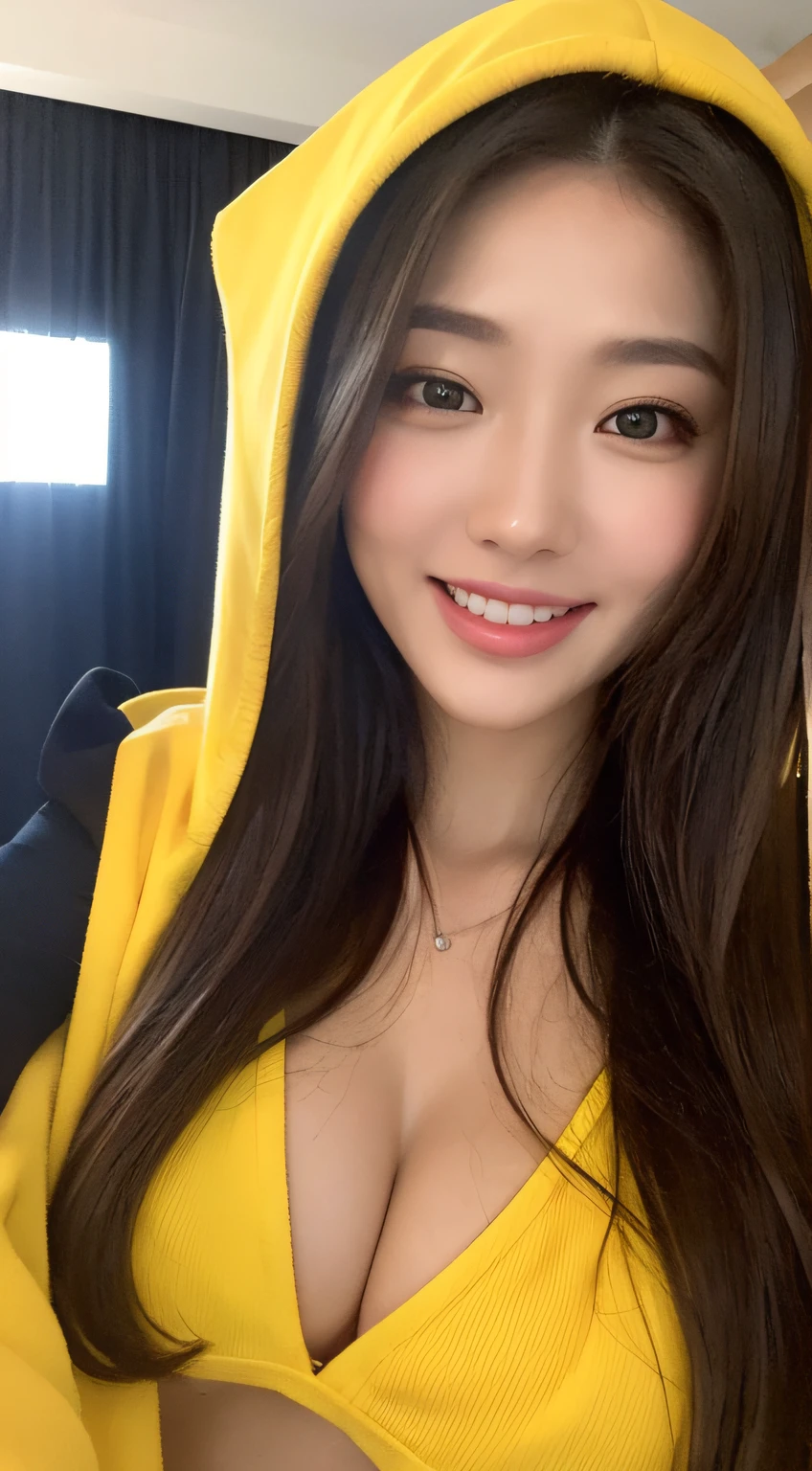((top-quality、in 8K、​masterpiece:1.3))、(Long hair hairstyle、dark brown hair)、、(Wearing a yellow lightweight hood:1.3)、(Selfie pose on Instagram:1.2)、(Innocent and classy girl)beauty legs、Whole human body、、Small buttocks、1girl in、beautfull Japanease woman:1.3、(Longhaire、tits out:1.2)、Wearing a yellow lightweight hood:1.2、Beautiful Women in Perfect Style：1.4、Perfect eyes、Even-eyed、Perfect iris、Perfect lips、Natural smile、Laughing face、flawless skin、no moles、Super Detail Face、Delicat eyes、二重まぶた、Exposed cleavage、Soft breasts