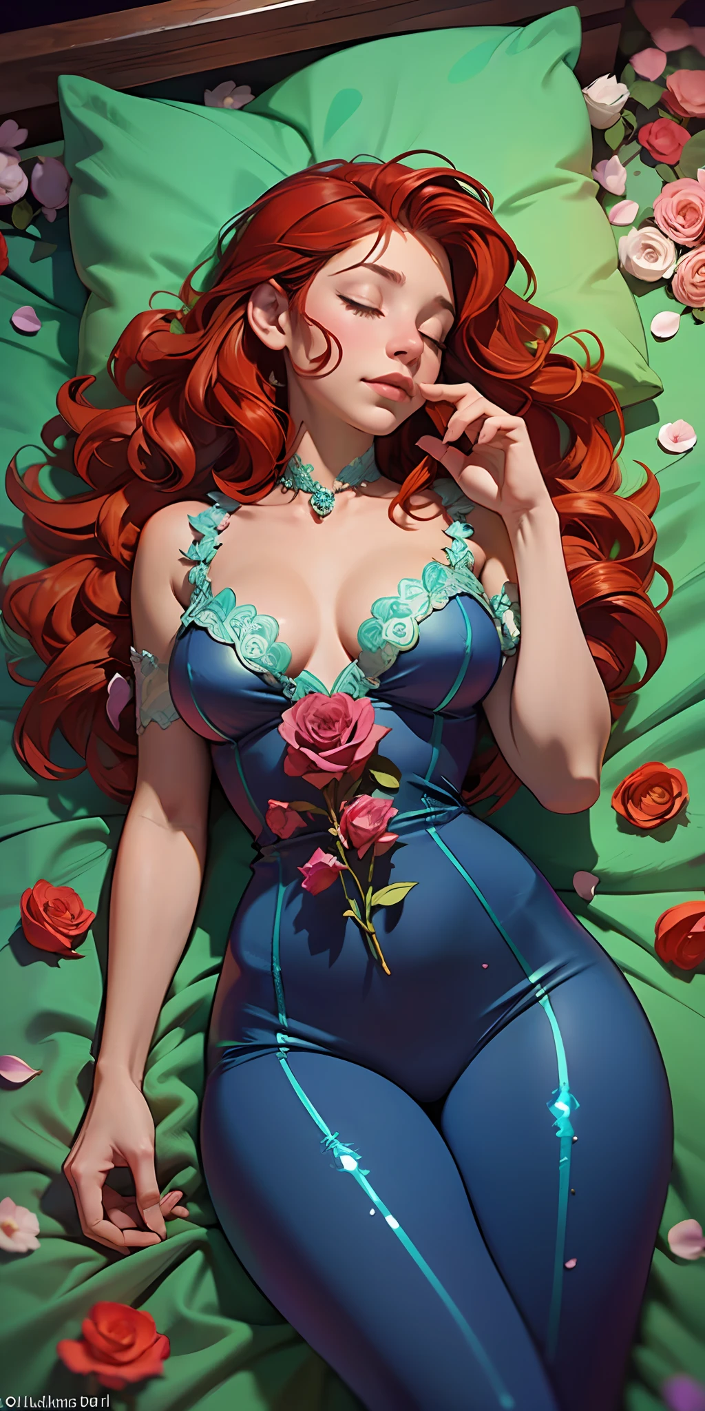 The Sleeping Woman, Realistic, She is dressed in pajamas, red hair color, parallax, Ultra Hyper Mega Contrast, sleeps on a chic bed, covered with rose petals, tmasterpiece, Winner of the photo contest, Beautiful lighting, Bioluminescence pollen in the air, Beautiful detailing of the matrix of the picture