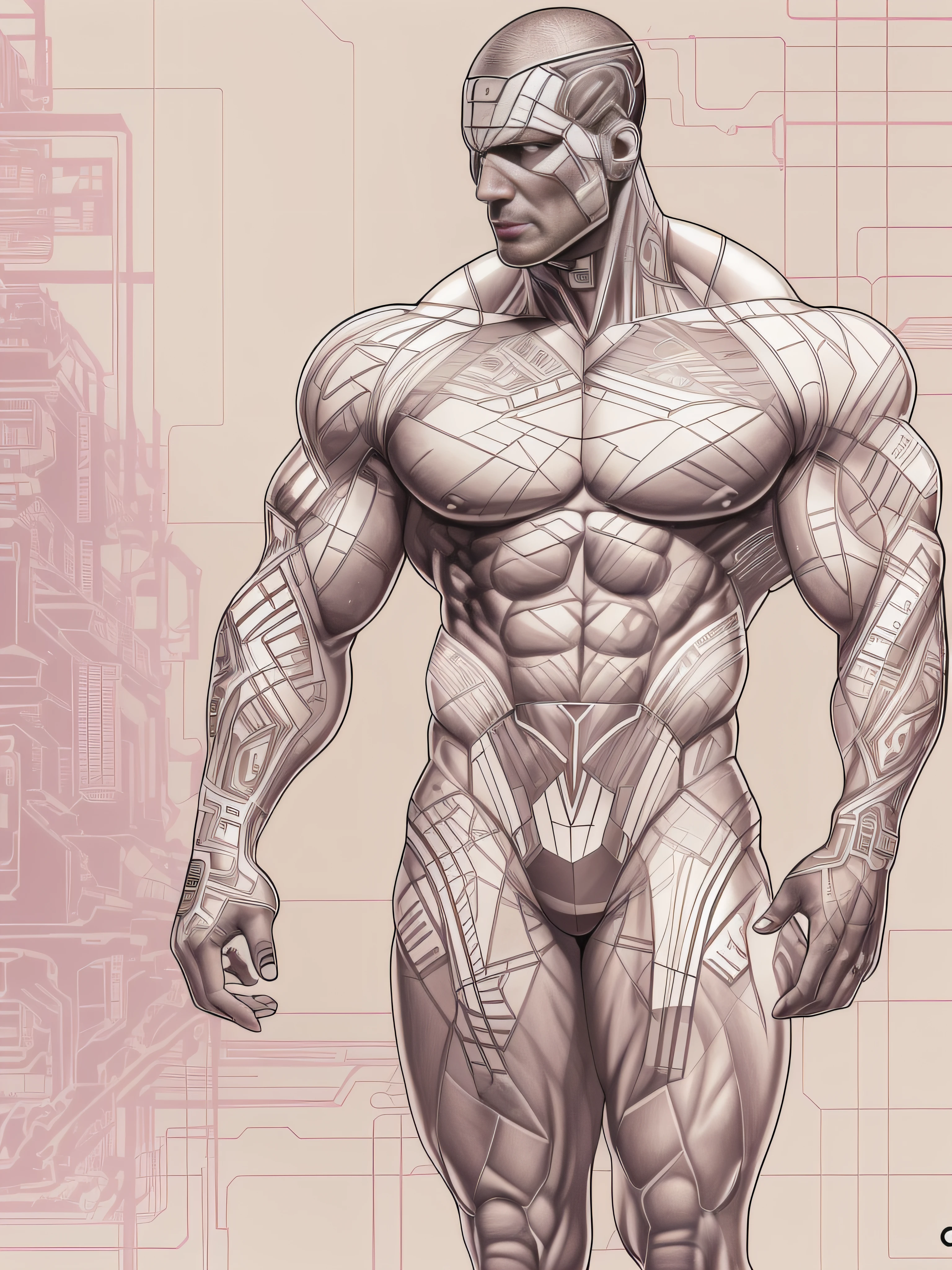 (The art of leading technology,1.4),Ahead of the curve,(Electronic systems: overhead humanoid robots,Naked muscular masculinity:1.2),(tmasterpiece,best qualityer,Official fine art, Aesthetics:1.2),(Hyper-detailing),((see-through thong:1.2))((Biopunk,Cyborg man:1.1))((various old tvs in the background:1.1))finely detailled,Most Best Illustration,hand-drawn high quality,(scybernetic,hight contrast),(Have a detailed brain that you can see:1.3),(Artistically),Line drawing,(Complex lines),Clear lines,s fractal art,Brush strokes,ukiyo-style,(nakeness,Muscular macho,full-body portraits,see-through thong,Extreme closeup:1.1),(Muscular macho,Skin tone transparent tweezers:1.1)(,With a delicate heart that can be seen:1.1),The perfect facial features of a supermodel,whole body show(muscles cable wires:1.2),Large scene composition,Perfect pectorals and abs,Mysterious night,Extremely provocative and sexy(Add details),(detailedbackground:1.2),(|cyber punk perssonage,core,),A high resolution,extremy detailed((Realistic skin,Ultra-artistic,I only wore a pair of transparent thongs with a skin tone,The internal structure is faintly visible:1.2))((whole body display,Extreme detail:1.2))(Canon M50|100mm|sharp fokus |Gently|ultra-realistic realism |The is very detailed|intricately details |blood vessel :1.2)