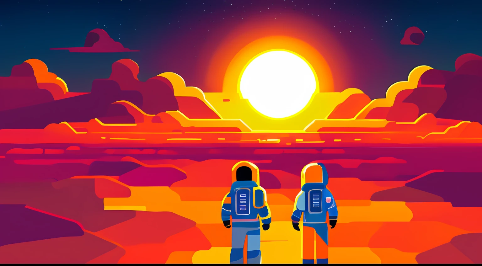 people,sun,sea,mountain,yellow sky,two sun,red sea,astronaut,
vector art, Kurzgesagt, sharp focus, (HDR), (8k), (gigapixel), ((masterpiece))
