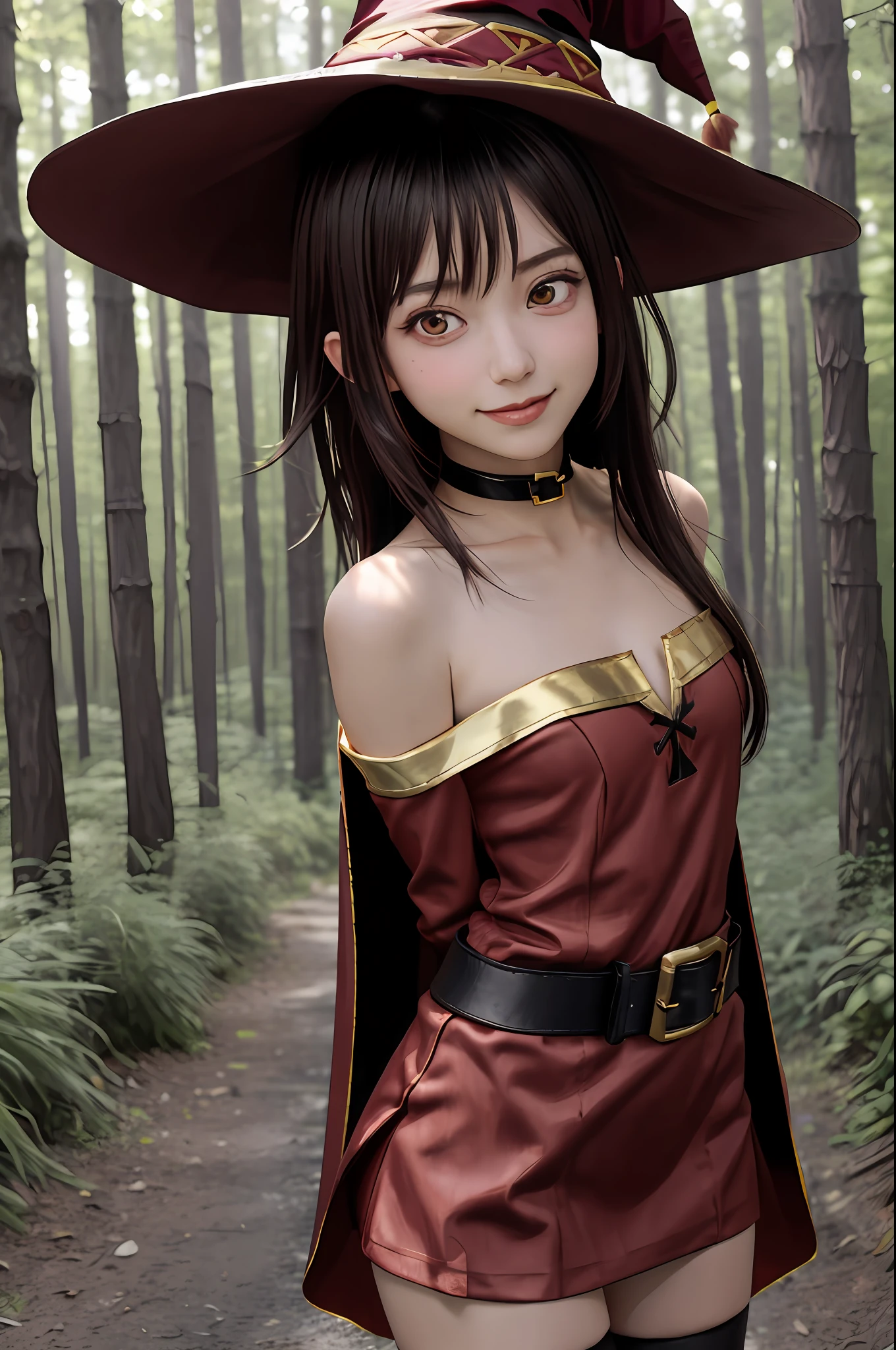 megumin, kono subarashii sekai ni shukufuku wo!, 1girl, solo, standing, looking at viewer, hat, witch hat, brown hair, short hair with long locks, red eyes, blush, evil grin, black choker, collarbone, flat chest, off-shoulder dress, dress, red dress, brown cape, long sleeves, black gloves, fingerless gloves, belt, brown belt, gold trim, zettai ryouiki, skindentation, (asymmetrical legwear:1.4), mismatched legwear, (bandaged leg:1.3), black thighhighs, (arms behind back:1.3),
(forest:1.4)