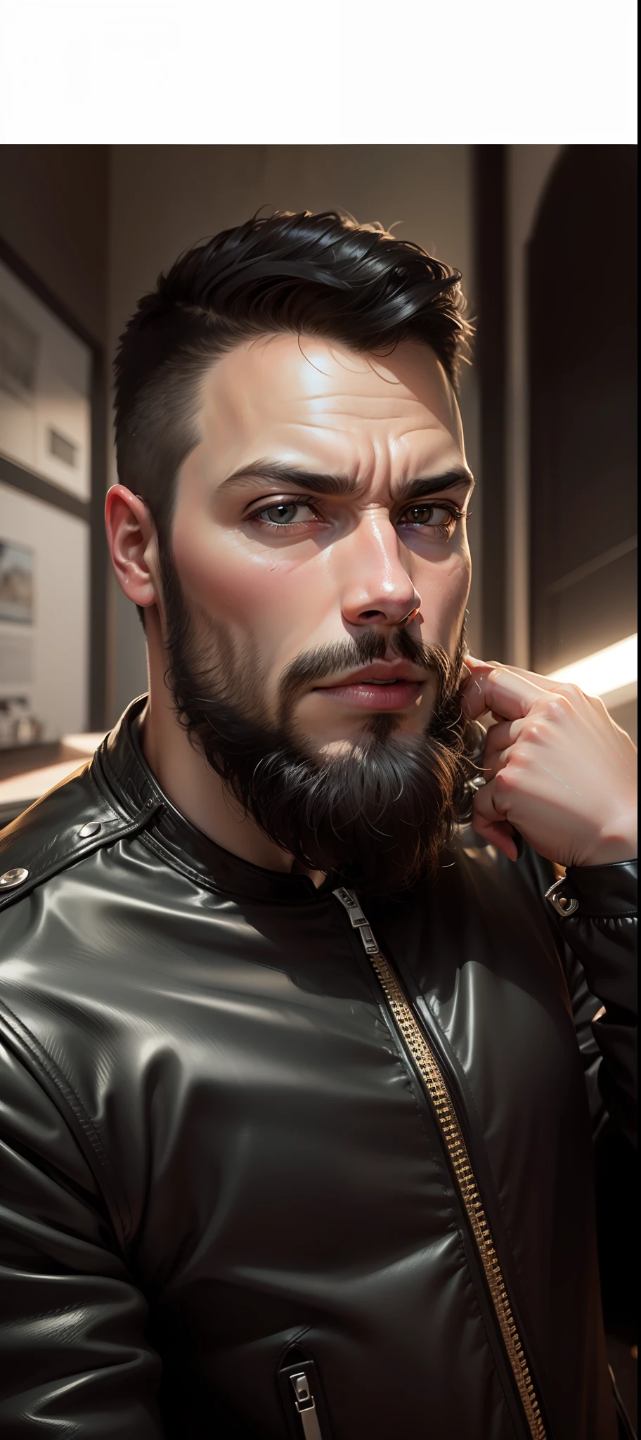 Improve this image a little without changing the face make me stay with a black leather jacket