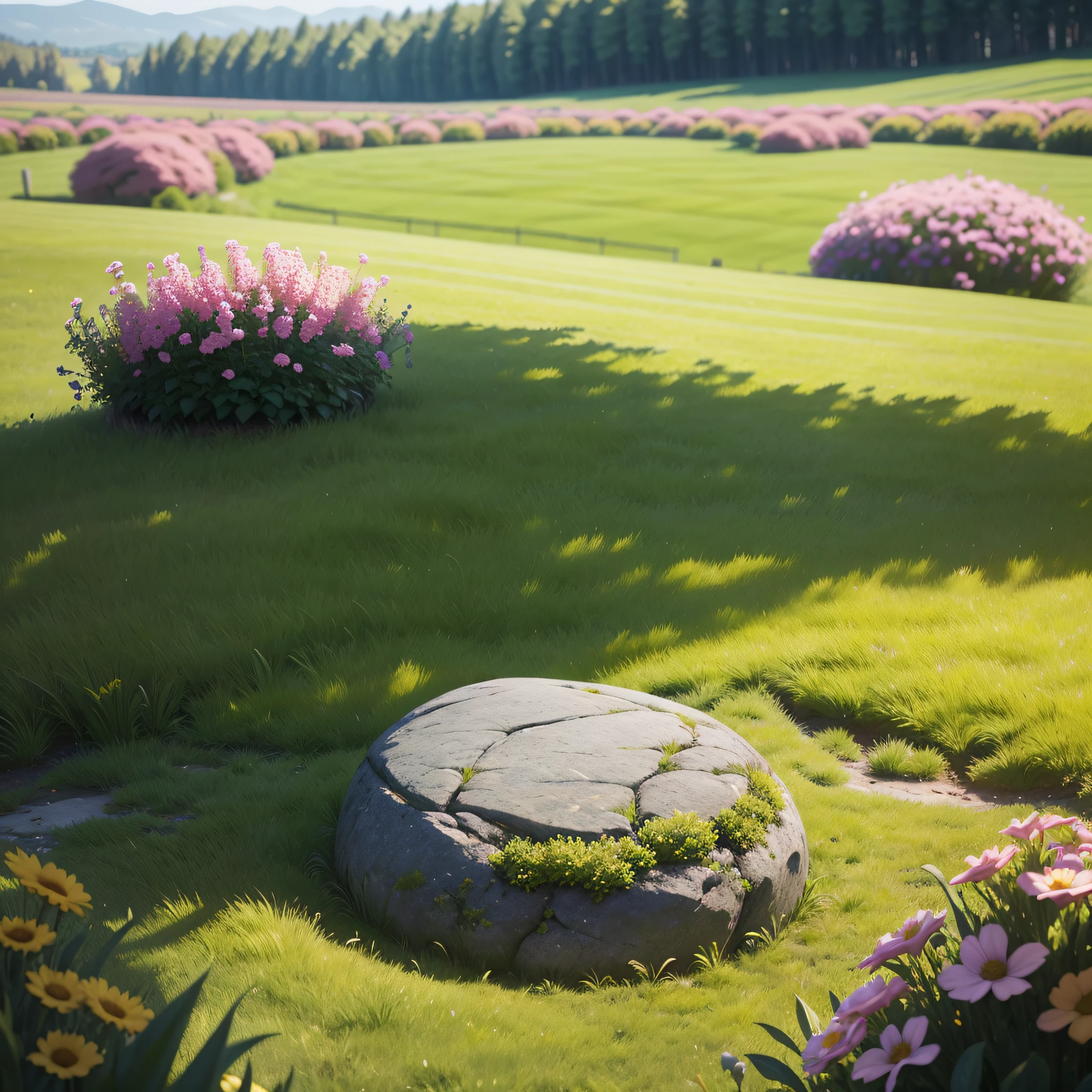 grassy fields, There is a small stone in the middle of the meadow,Flowers around, Lush surroundings, On a green lawn, Product rendering, floatking, delightful surroundings, bang olufsen, [ [ Hyperrealistic ] ], easygoing, unbeatable quality, high quality product photo, idyllic scenery, dynamic angle shot, arte mista, modernism，Blurred foreground，photorealestic，3Drenderingof，real photograph --auto