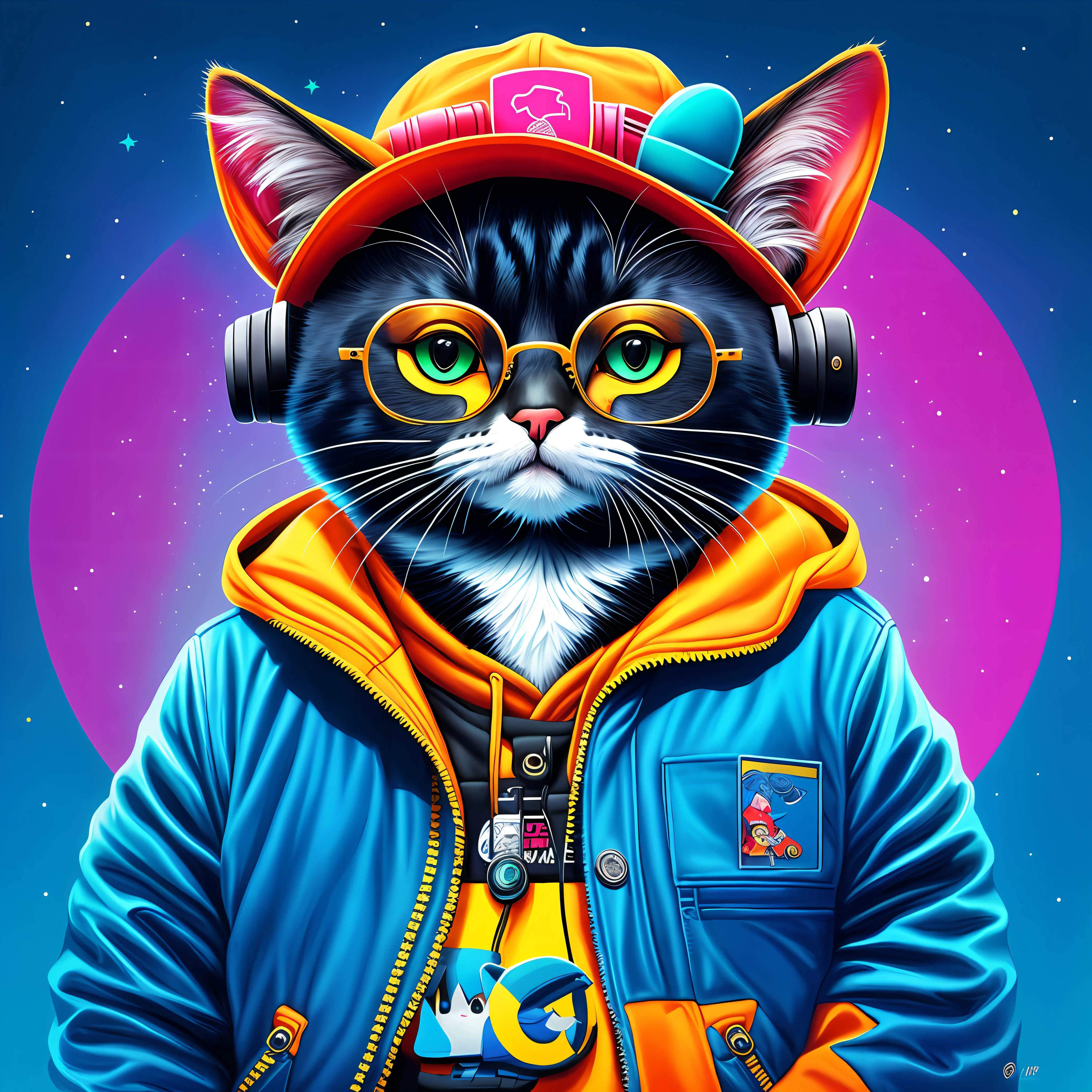 there is a cat wearing a hat and glasses and a jacket, gato cyberpunk, Beeple e Jeremias Ketner, Artista peludo, arte digital detalhada bonito, Arte peluda, Arte digital peluda, bela arte digital, painting digital adorable, style hybrid mix of beeple, Cybercat, Jen Bartel, anthropomorphic cat, stunning digital illustration
