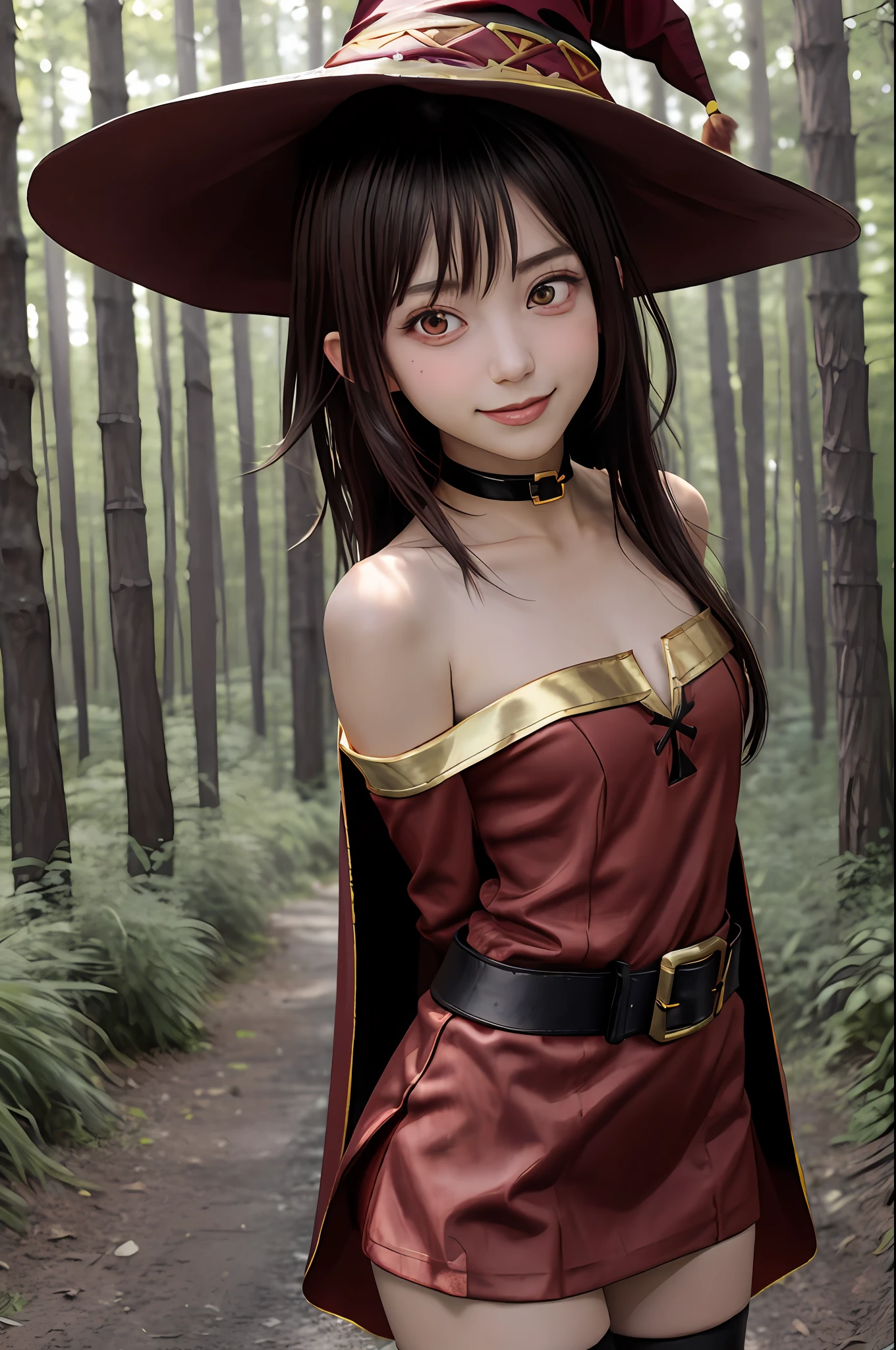 megumin, kono subarashii sekai ni shukufuku wo!, 1girl, solo, standing, looking at viewer, hat, witch hat, brown hair, short hair with long locks, red eyes, blush, evil grin, black choker, collarbone, flat chest, off-shoulder dress, dress, red dress, brown cape, long sleeves, black gloves, fingerless gloves, belt, brown belt, gold trim, zettai ryouiki, skindentation, (asymmetrical legwear:1.4), mismatched legwear, (bandaged leg:1.3), black thighhighs, (arms behind back:1.3),
(forest:1.4)