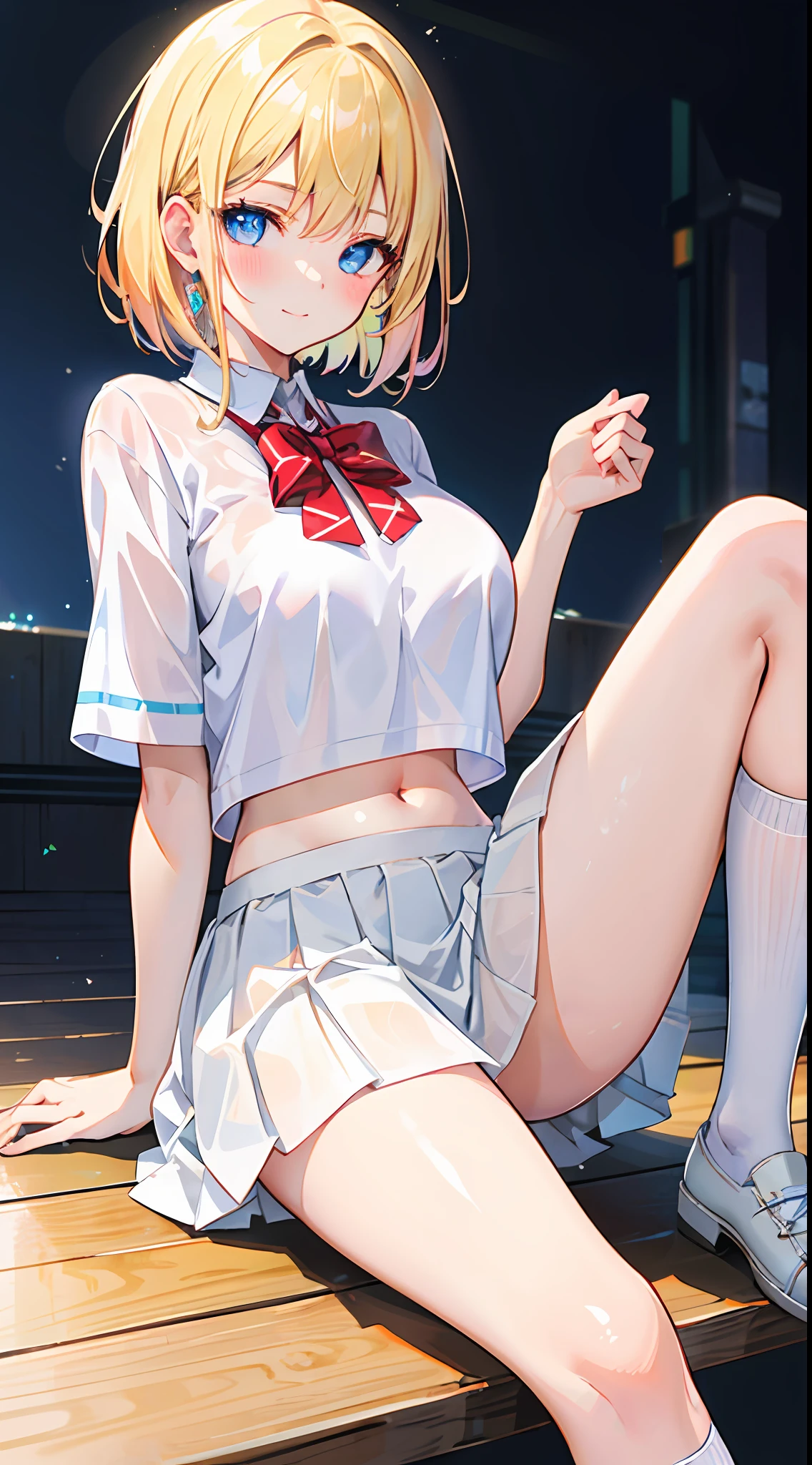 ((masterpiece, best quality;1.3)), ultra detailed, 8k unity wallpapers, CG, ray tracing, illustration, colorful, cinematic shadow, extremely detailed and beautiful background,vhd, shadering VRay,RT, 1girl, light smile, teenage, loli, blush, solo, blue eyes, blush, (blonde hair), (medium hair), large breasts, white glowing skin, highly detailed beautiful face, beautiful face, beautiful eyes, (talented Lo-Fi:1.3), naked, sexy, lewd, jewelry, kneehighs, midriff, navel, see-through, sitting, white skirt, white socks, white_footwear, white_legwear, white_skirt, close-up, glowing, glowing light, ultra detailed, scenic, atmospheric