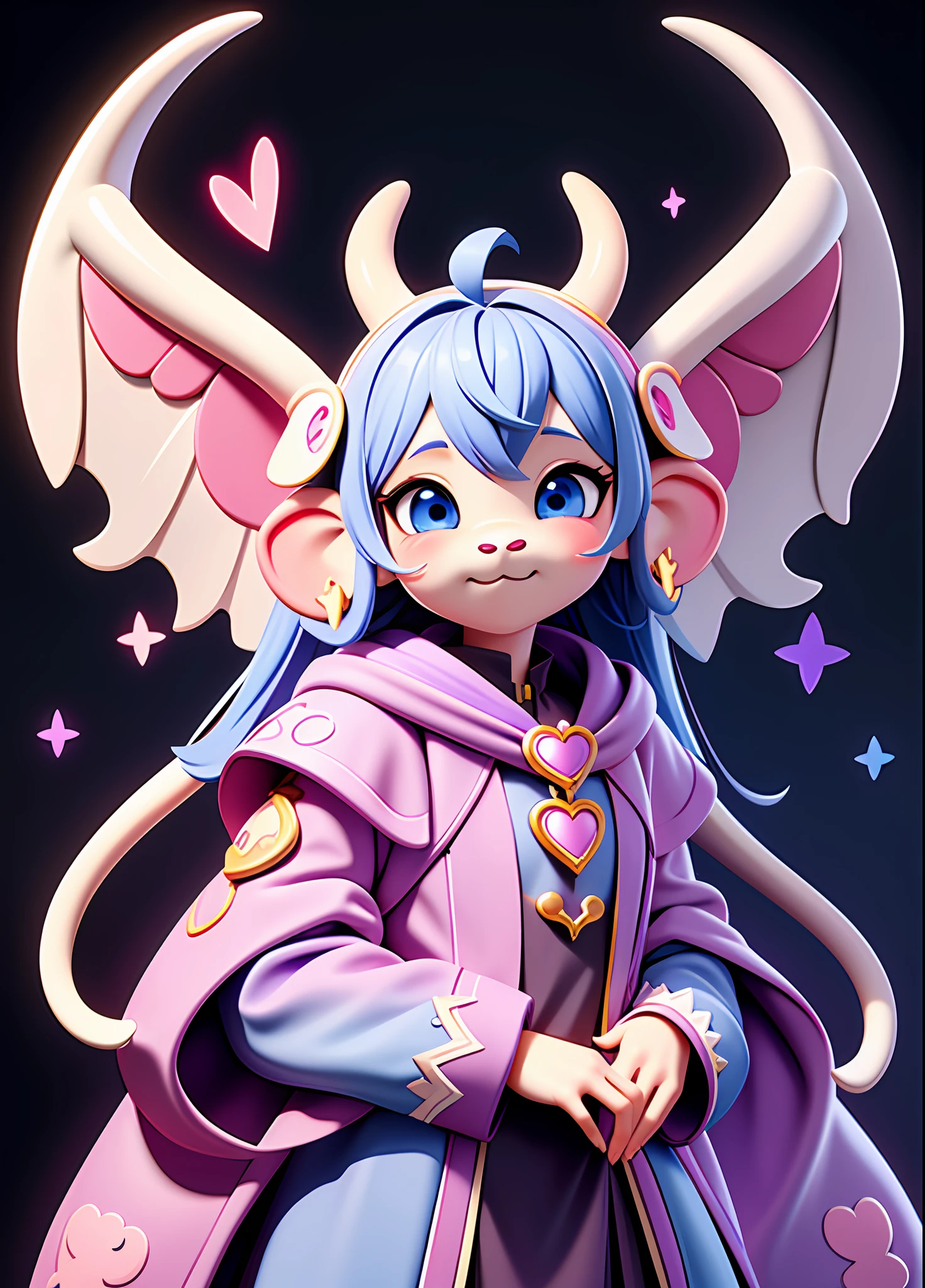 Elephant anthropomorphic, kawaii style, angel wings, dressed in magic purple fantasy outfit, Removes human grief, sadness and anxiety, Masterpiece, Best Quality