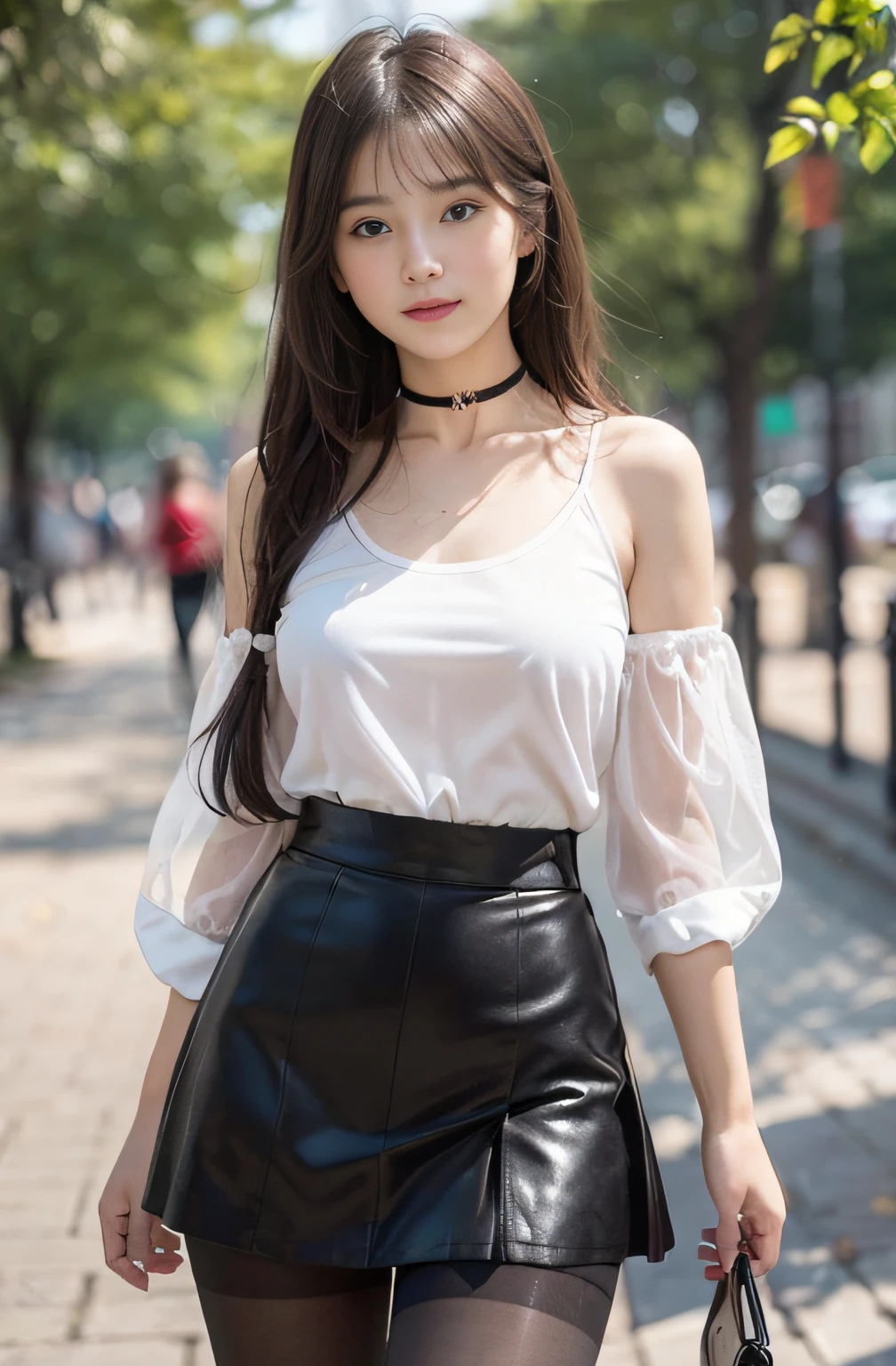 18-year-old female, , RAW photo, bokeh, (realism: 1.4, realistic), high-definition CG unified 8K wallpaper, 1girl, ((slim body: 1)), (medium breasts: 2), return to the viewer, ((direct view from the front)), (HQ skin: 1.4), 8k UHD, DSLR, soft light, high quality, film grain, fujifilm XT3, ((uniform, micro mini skirt, Metal Choker, See-Through Shirt: 1.5)), ((Outdoor, in the Park))), ((Long Hair, Black Pantyhose, Medium: 1.2)), (Full Body Portrait: 1.2), (Viewers: 1.4), (Red High Heels: 1·2), (Full Body: 2)