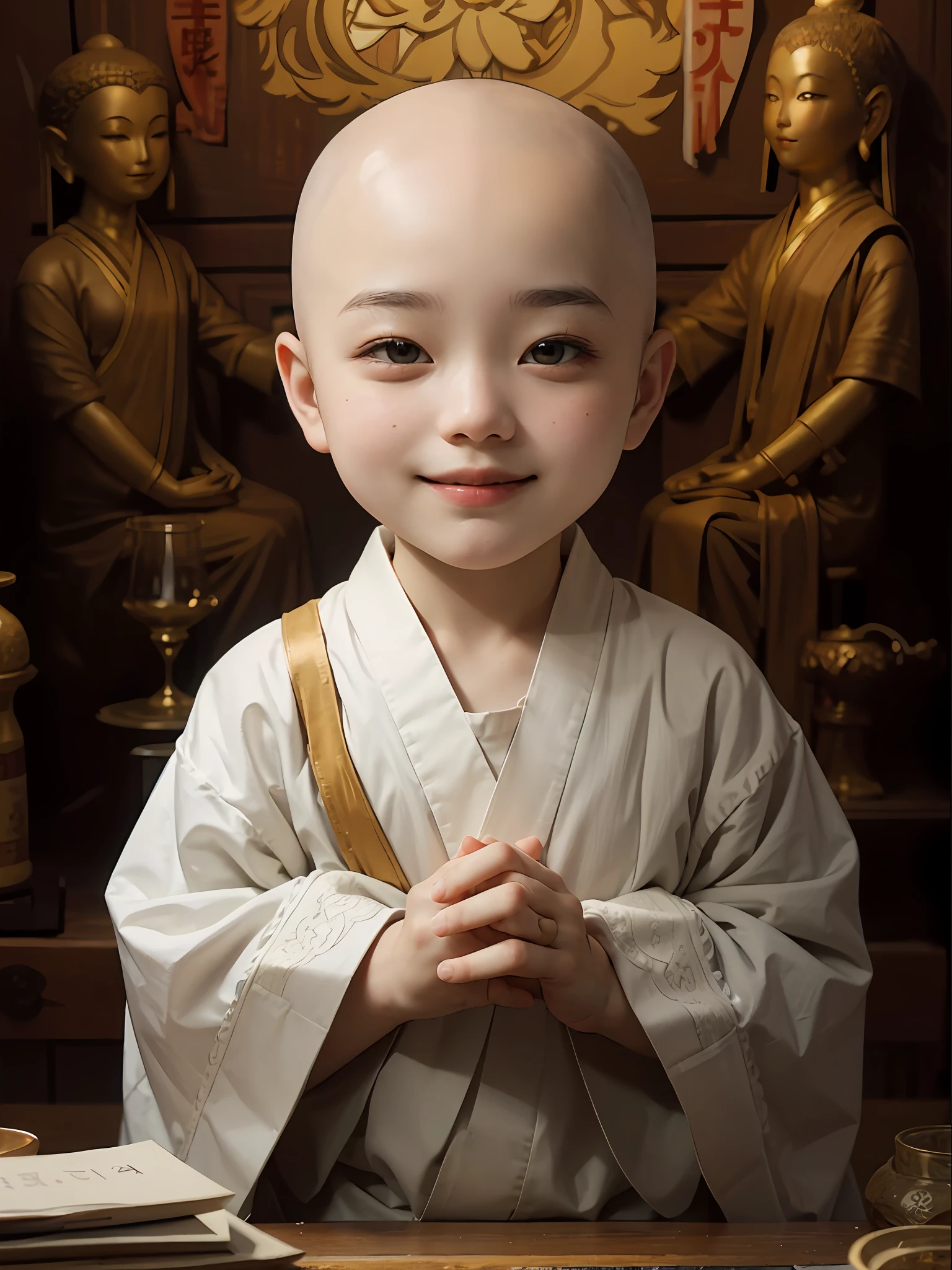 A 3-year-old bald monk,Wearing a white monk's robe,Chubby little face,Big round eyes,A High Bridge of nose,With a smile,had his hands folded,Sit cross-legged。Lotus pattern on background。k hd