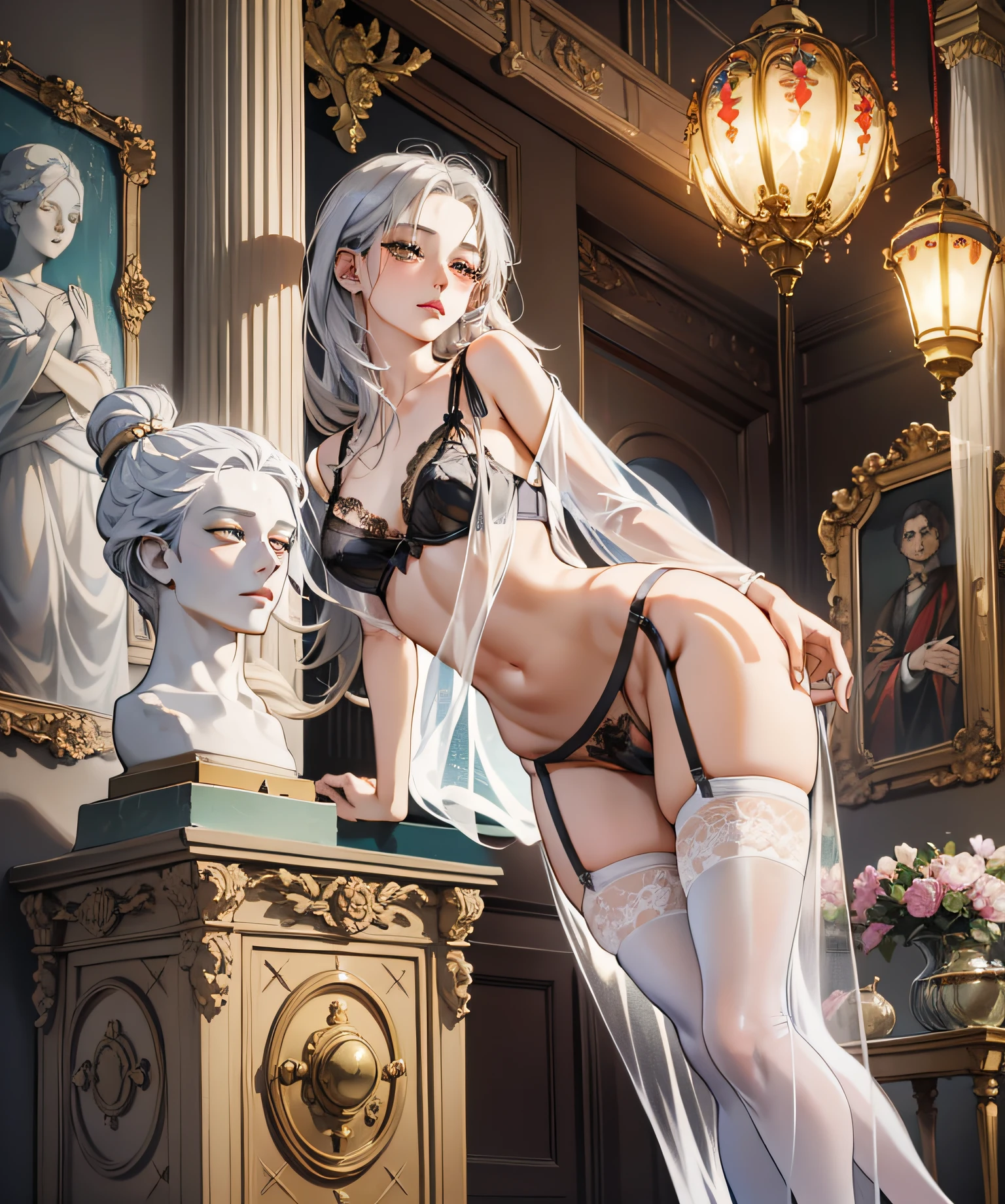 full body, 1 Marble statue of a young girl, front opening, spats (see-through lingerie:1.3), (blushed:1.0), look of contempt,living statue, exposed small breasts, visible pubic hair, view from below, floating antique clock, lamps and lanterns, temple with greek columns, ocean in the distance, dark stormy sky, 1 beautiful caucasian girl carved in marble, fantasy and mystery, fog, 1 beautiful girl in the foreground,golden eyes, golden and silver hair, very long golden and silver hair, crimson lips, marble skin with reflections, statue, sexy pose, provocative pose, full body,Reloj antiguo flotante, Antique lamp, salpicar,pose seductora, Pubic Hair Visible, senos visibles,