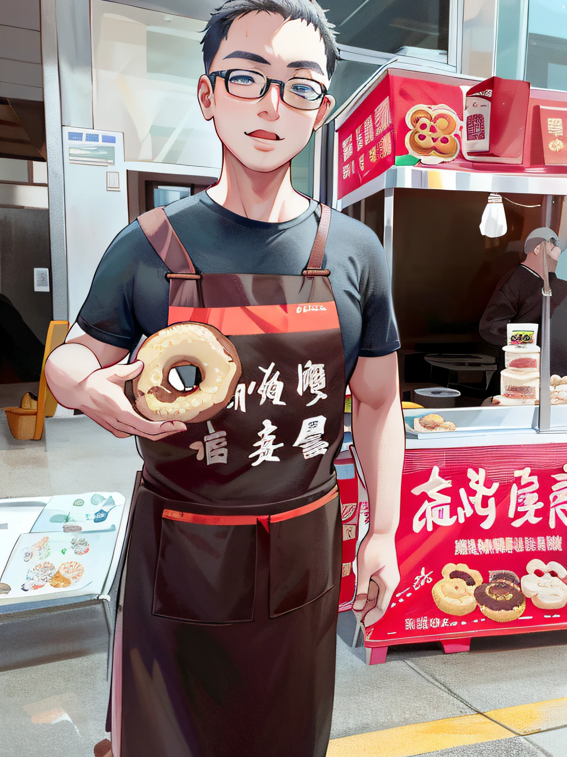 Arafeld man in an apron holds a doughnut in front of a food stall, wearing apron, qiangshu, Handsome man, jinyiwei, nanquan, longque chen, Bao Pnan, Li Zixin, xiang duan, ruanjia, 💣 💥, in style of pan ren wei, aprons,cartoon image