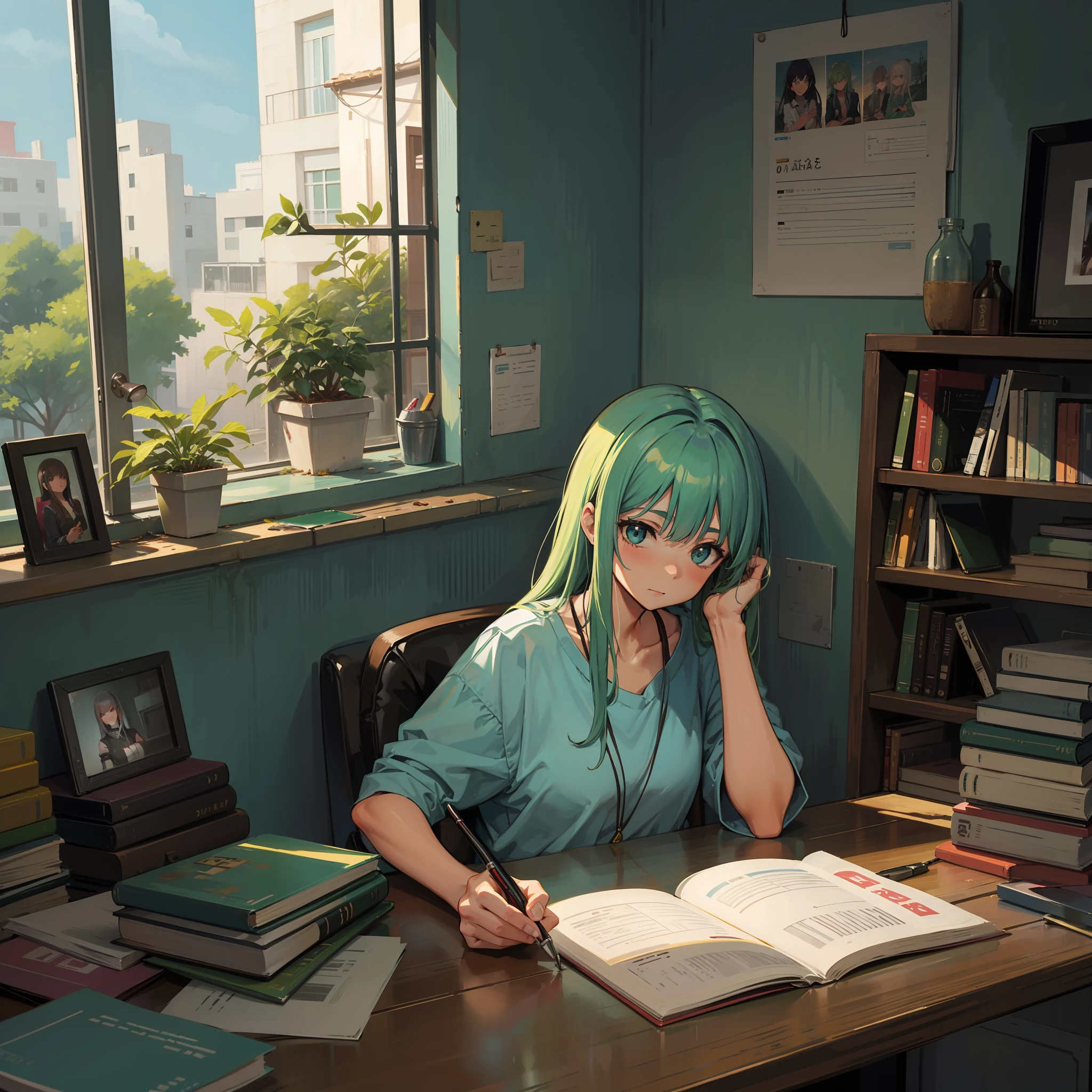 Garota, cabelo verde curto, em um escritorio abandonado.