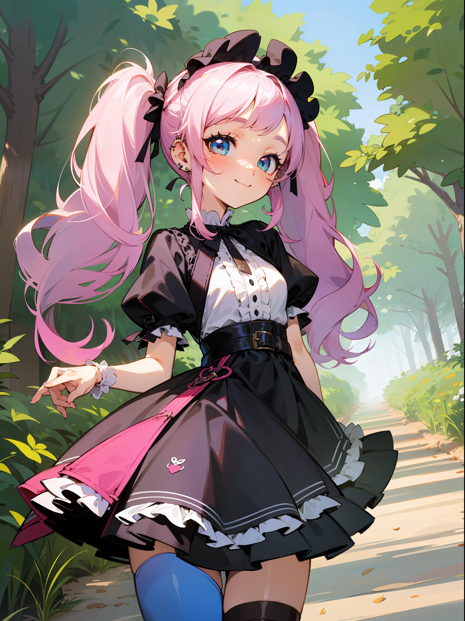 master piece, hyper quality, Hyper Detailed, Perfect drawing,Hi-Res、1girll,ssmile、Loose and fluffy hair、drills twintails、A pink-haired、Big eyes with double eyelids、lofty nose、blusher(0.2)、small mouth、ear piercings、((Lolita Fashion))、Clothes with lots of lace and frills、a miniskirt,knee high socks(:1.5),(((garterbelts)))、butt sticks out, Big round buttocks, blue-sky、Summer colors、Sunlight、Walking trail、Shooting from diagonally below, portlate、beatiful backgrounds, meticulous drawing, Accurate drawing、Perfect illustration、Perfect Beautiful Girl