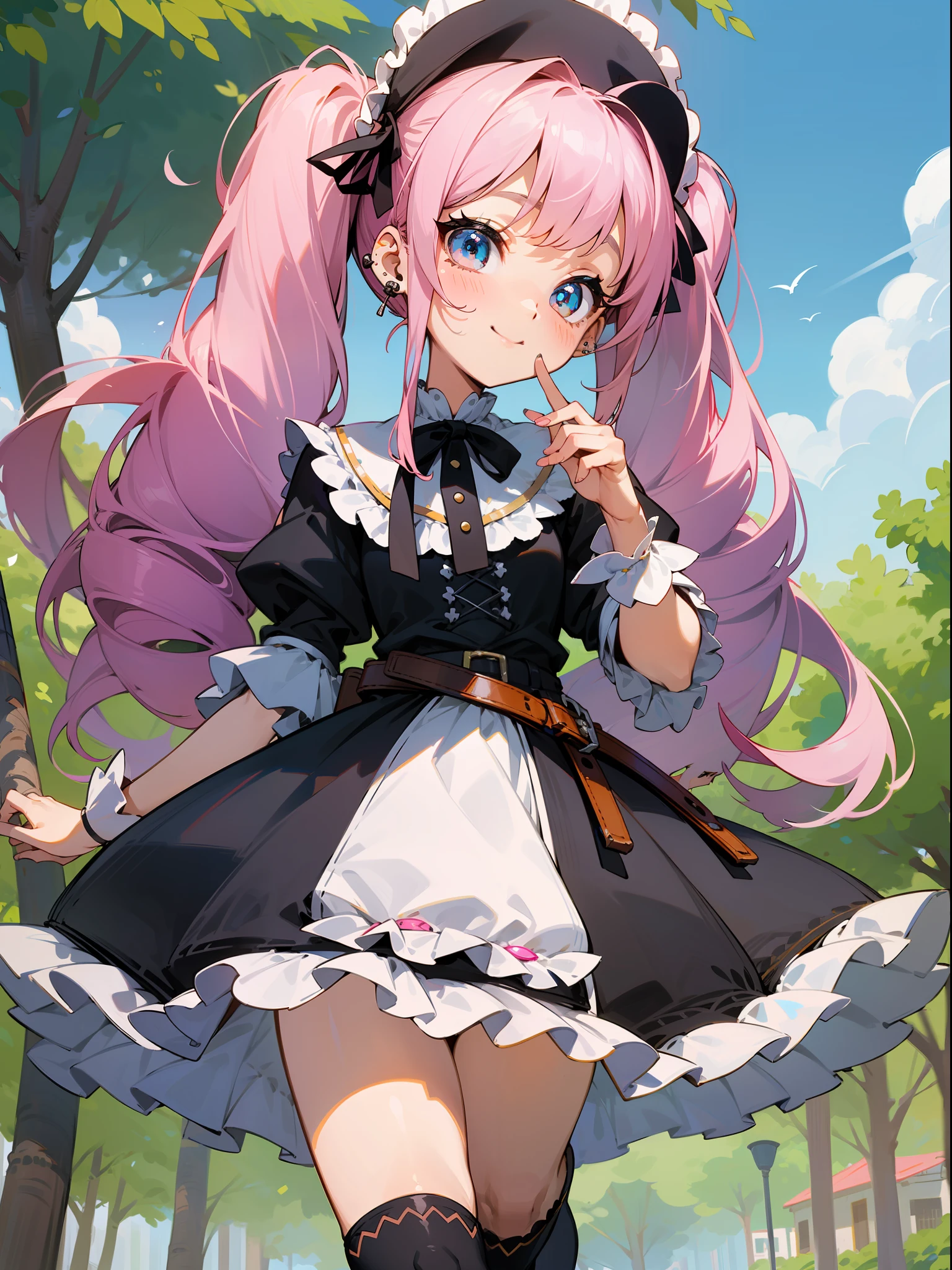 master piece, hyper quality, Hyper Detailed, Perfect drawing,Hi-Res、1girll,ssmile、Loose and fluffy hair、drills twintails、A pink-haired、Big eyes with double eyelids、lofty nose、blusher(0.2)、small mouth、ear piercings、((ta Fashion))、Clothes with lots of lace and frills、a miniskirt,knee high socks(:1.5),(((garterbelts)))、butt sticks out, Big round buttocks, blue-sky、Summer colors、Sunlight、Walking trail、Shooting from diagonally below, portlate、beatiful backgrounds, meticulous drawing, Accurate drawing、Perfect illustration、Perfect Beautiful Girl