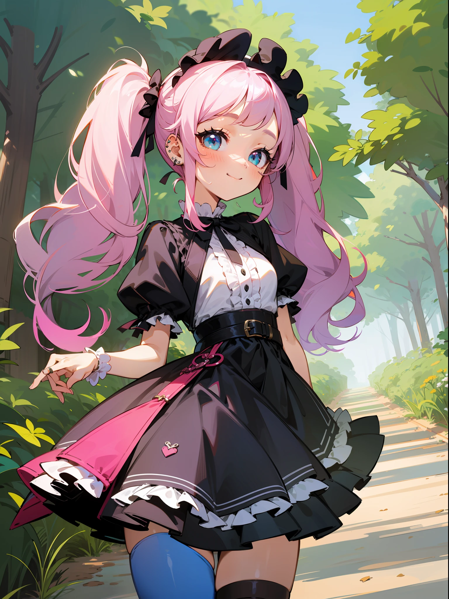 master piece, hyper quality, Hyper Detailed, Perfect drawing,Hi-Res、1girll,ssmile、Loose and fluffy hair、drills twintails、A pink-haired、Big eyes with double eyelids、lofty nose、blusher(0.2)、small mouth、ear piercings、((Lolita Fashion))、Clothes with lots of lace and frills、a miniskirt,knee high socks(:1.5),(((garterbelts)))、butt sticks out, Big round buttocks, blue-sky、Summer colors、Sunlight、Walking trail、Shooting from diagonally below, portlate、beatiful backgrounds, meticulous drawing, Accurate drawing、Perfect illustration、Perfect Beautiful Girl